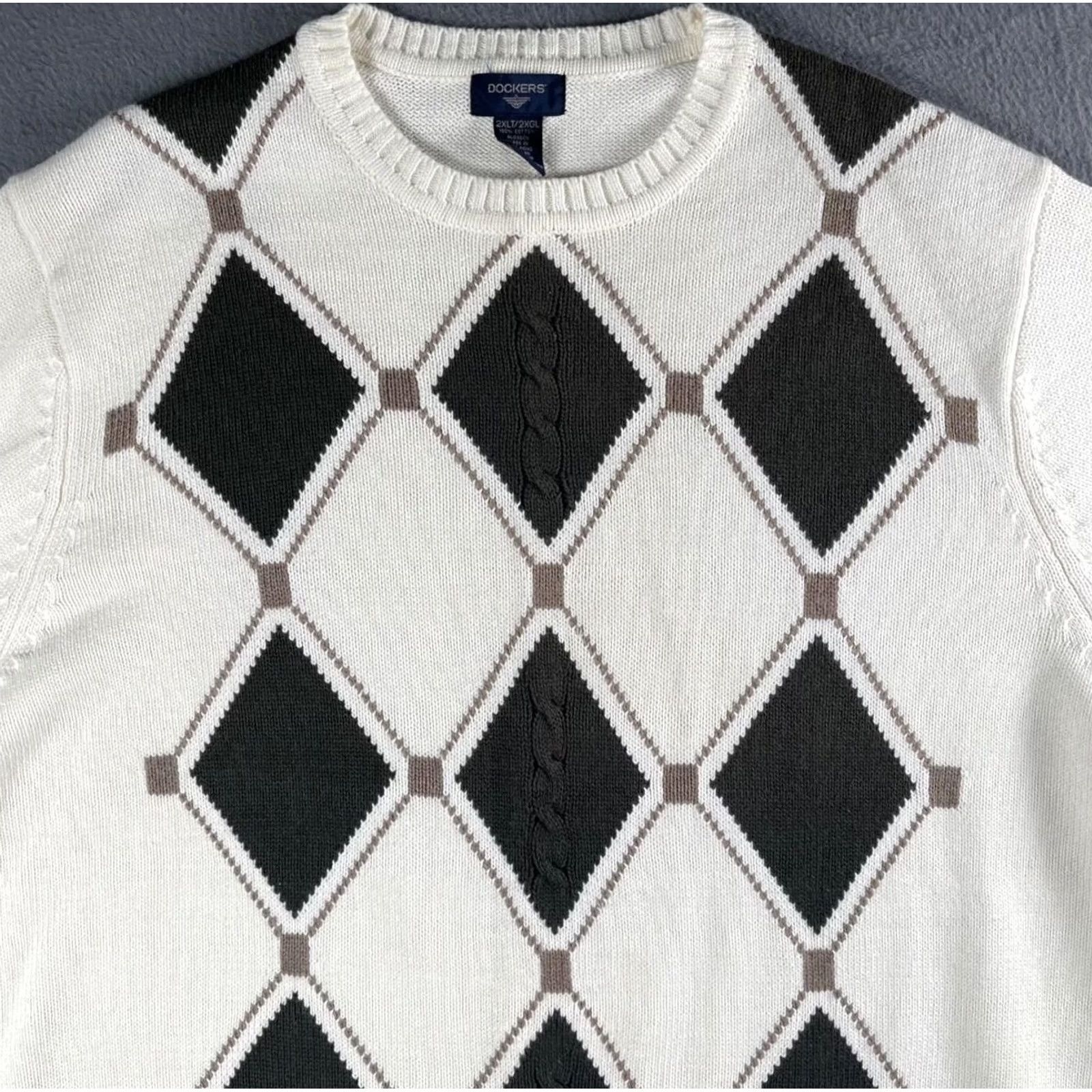 Dockers Dockers Mens Big & Tall Argyle Cable Knit Pullover - White Sweater Size US XXL / EU 58 / 5 - 3 Thumbnail