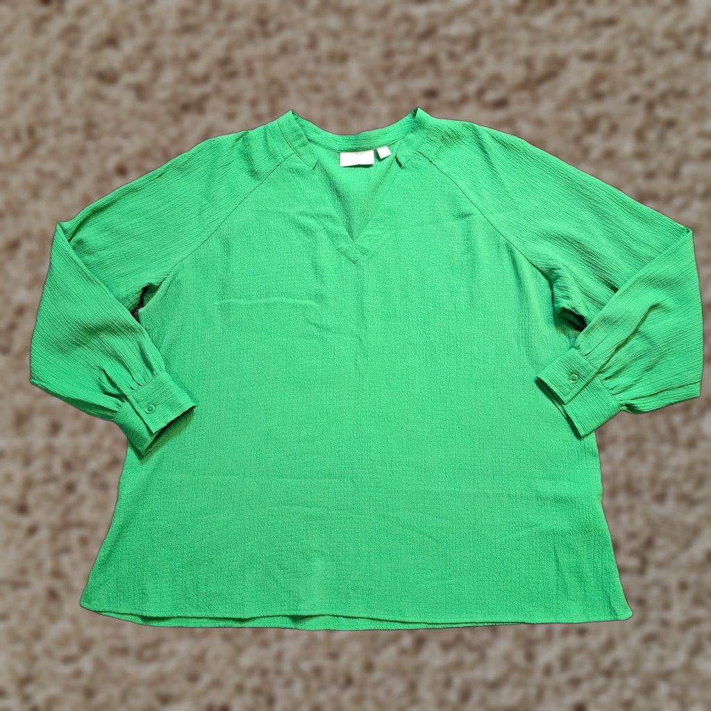 Vintage Belle Kim Gravel Top Womens 1X Green Texture V Neck Long Sleeve Blouse Casual Career Shirt Size XL / US 12-14 / IT 48-50 - 1 Thumbnail