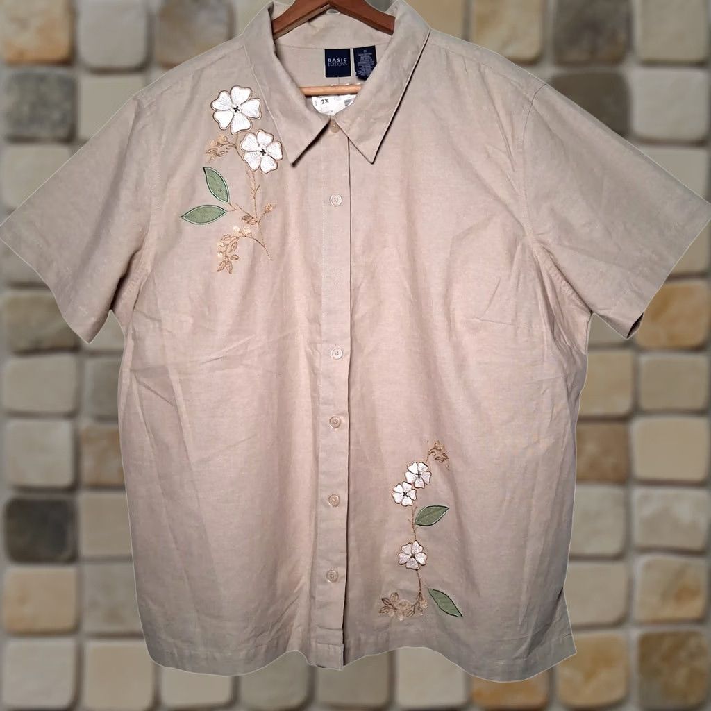 Basic Editions VINTAGE Basic Editions Shirt 2XL Beige Linen Floral Short Sleeve Women's Blouse Beaded Embroidered Flowers Linen Shirt Size XXL / US 16-18 / IT 52-54 - 1 Thumbnail