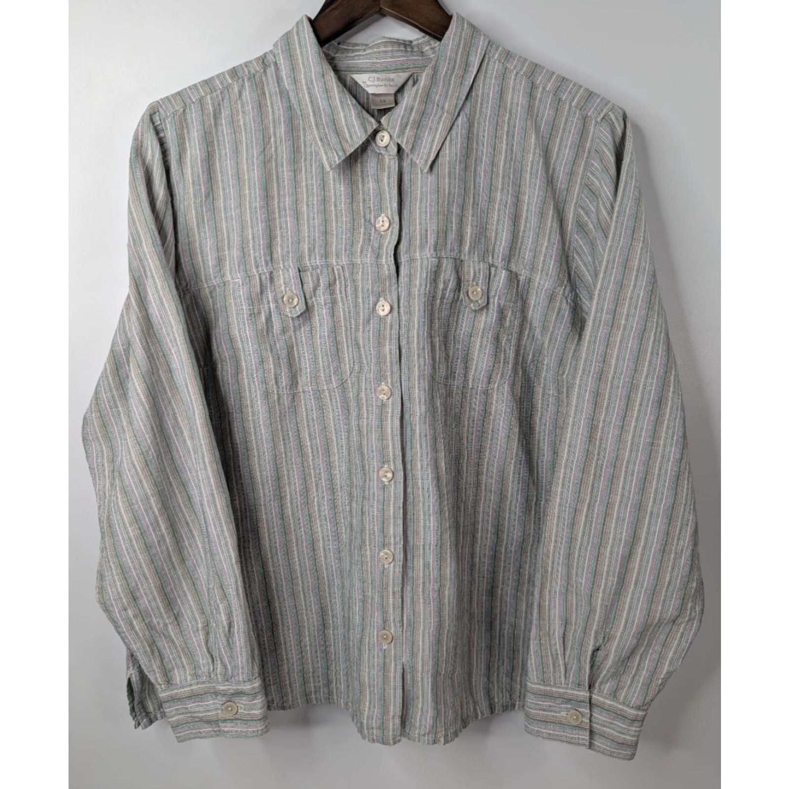 Vintage C.J. Banks By Christopher & Banks Women's Button-Up Shirt Striped Long Sleeve 1X Green Cotton Linen Casual Collar Size XL / US 12-14 / IT 48-50 - 3 Thumbnail