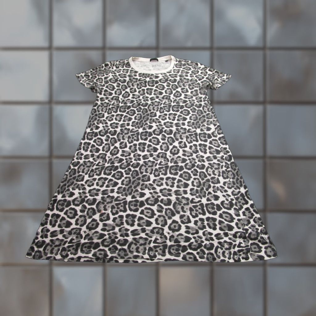 Vintage ATM Anthony Thomas Melillo Dress Women's Large Gray/Black Leopard Print Crew Neck Short Sleeve Knee Length Jersey Cotton T-Shirt Dress 90s Inspired? Size L / US 10 / IT 46 - 1 Thumbnail