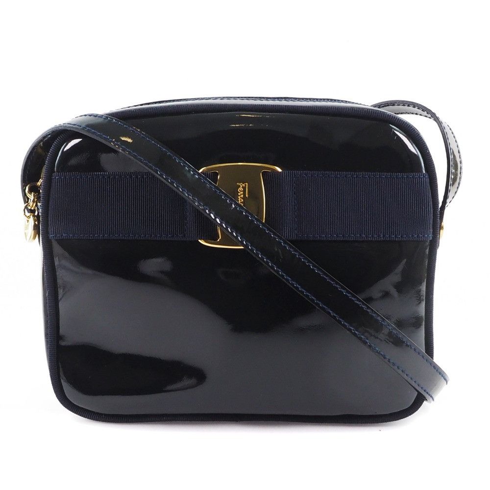 image of Salvatore Ferragamo Patent Leather Vara Crossbody Bag in Black, Women's