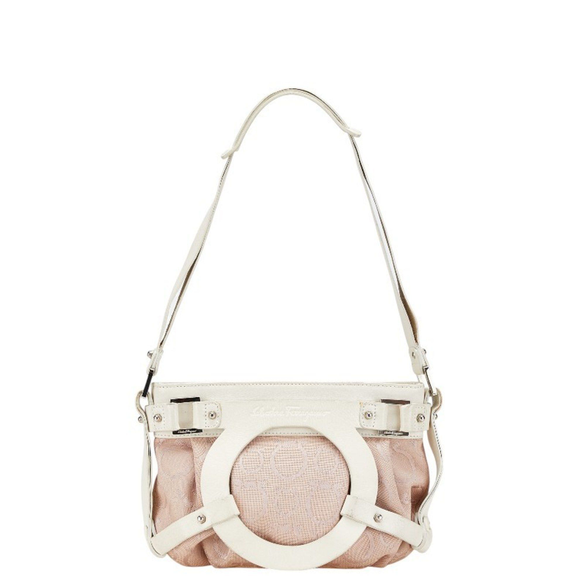 Salvatore Ferragamo Salvatore Ferragamo Gancini One-Shoulder Bag AU-21 5866 Pink and White Canvas Leather Women's Size ONE SIZE - 1 Thumbnail
