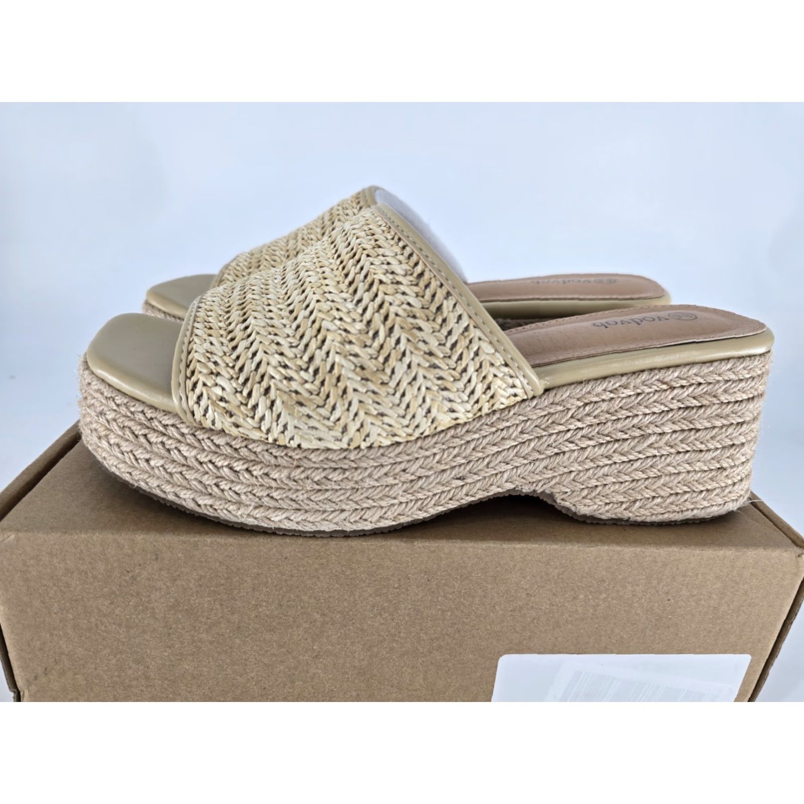 Vintage Vodbob Chunky Platform Thong Sandal Sz 8.5 Tan Woven Open Toe Mid Wedge Heel - Beige Sandal Women Sz 8.5 Size US 9 / IT 39 - 6 Thumbnail