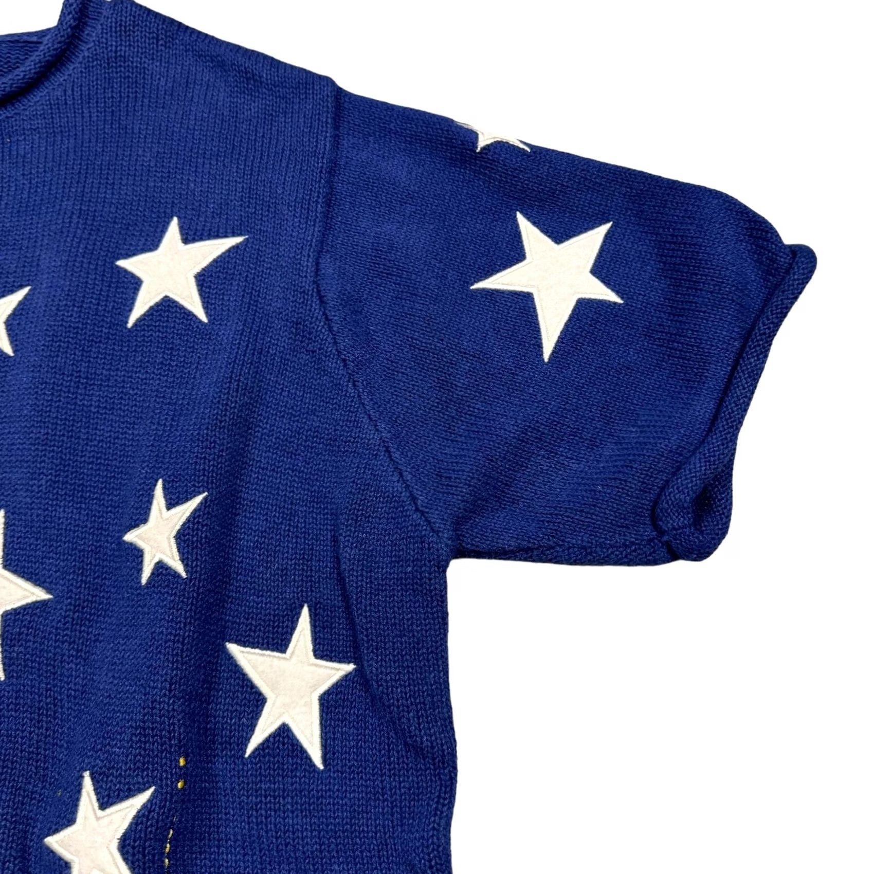 Quacker Factory USA Sweater Vintage Men's L Knit Embroidered Stars Stripes Short Sleeve 4th July Cardigan Cotton Blend Regular Sailor Blue 90s Patriotic Mens Size US L / EU 52-54 / 3 - 4 Thumbnail