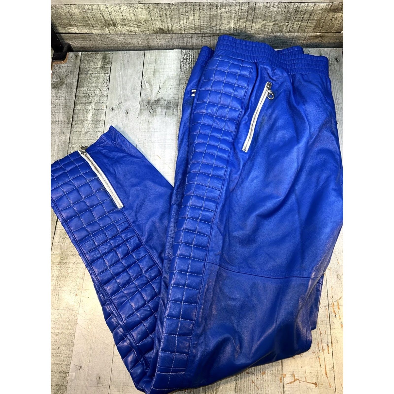 Vintage Blue Leather Moto Biker Pants 42x34 Medusa RiRi Zippers Quilted Men XS? Size US 42 / EU 58 - 5 Thumbnail
