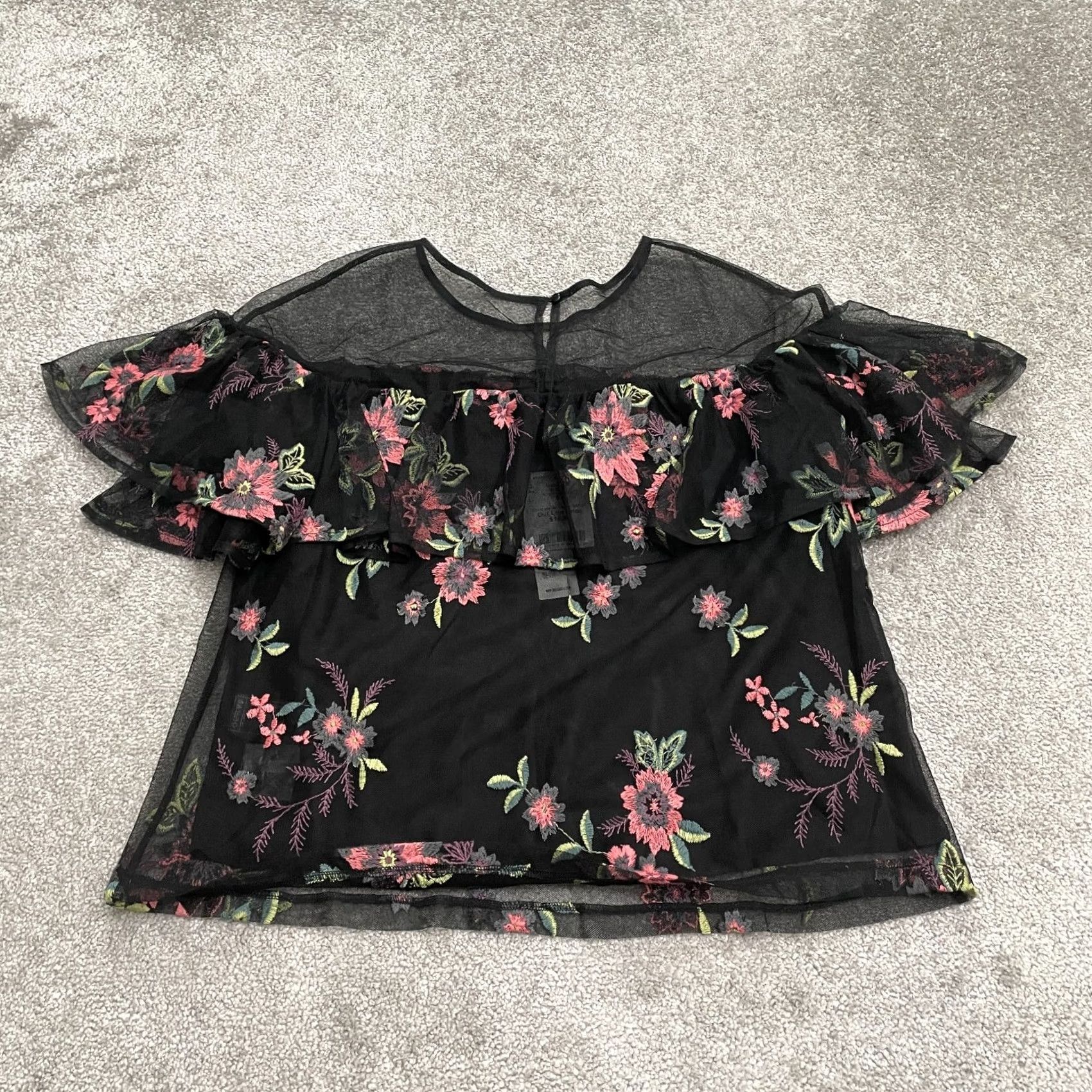 BB Dakota BB Dakota Womens Medium Black Sheer Embroidered Floral Ruffles Top Casual NWT Size M / US 6-8 / IT 42-44 - 2 Thumbnail