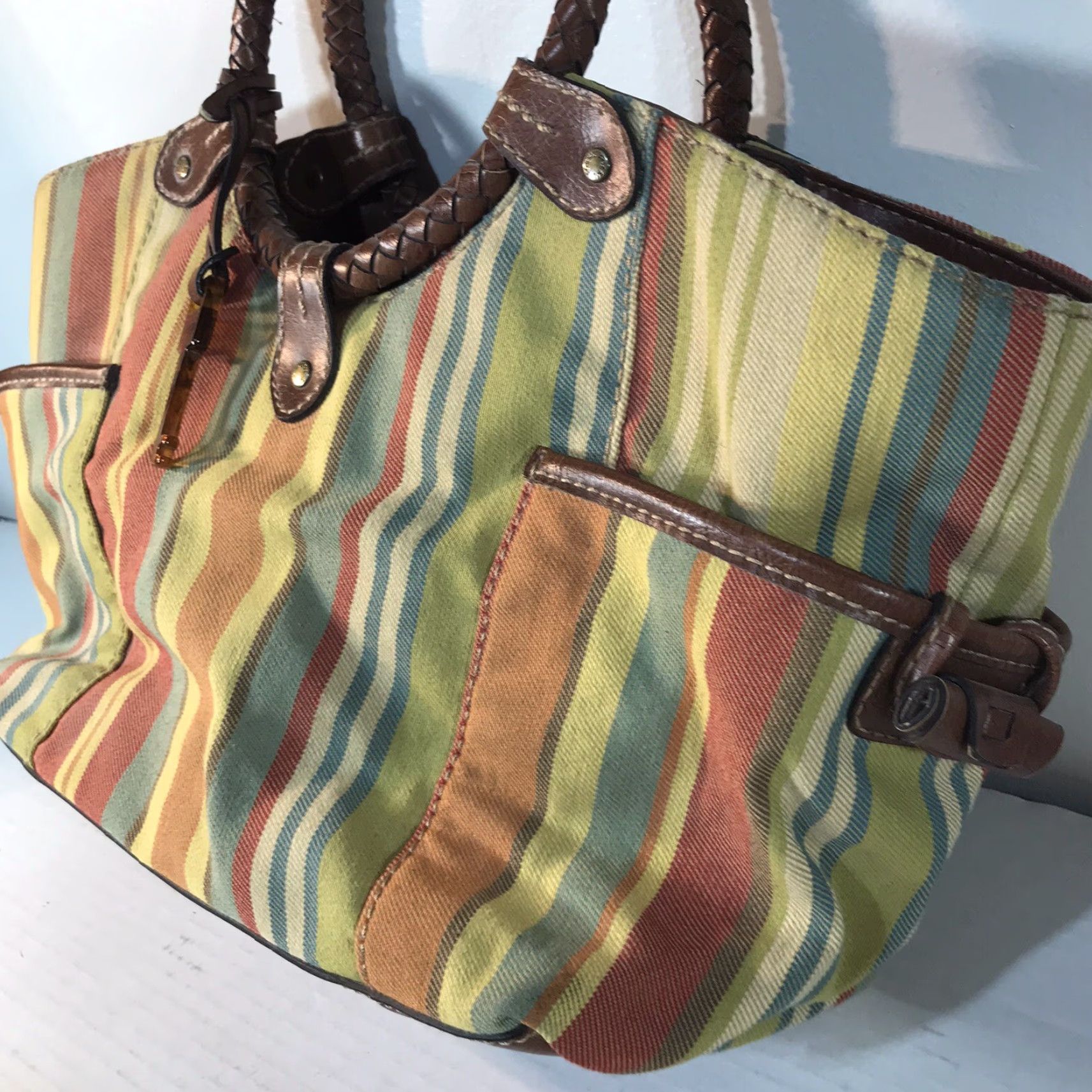 Fossil FOSSIL Women Satchel Bag Medium Rainbow Striped Canvas Leather Trim Casual Travel Workwear Size ONE SIZE - 3 Thumbnail