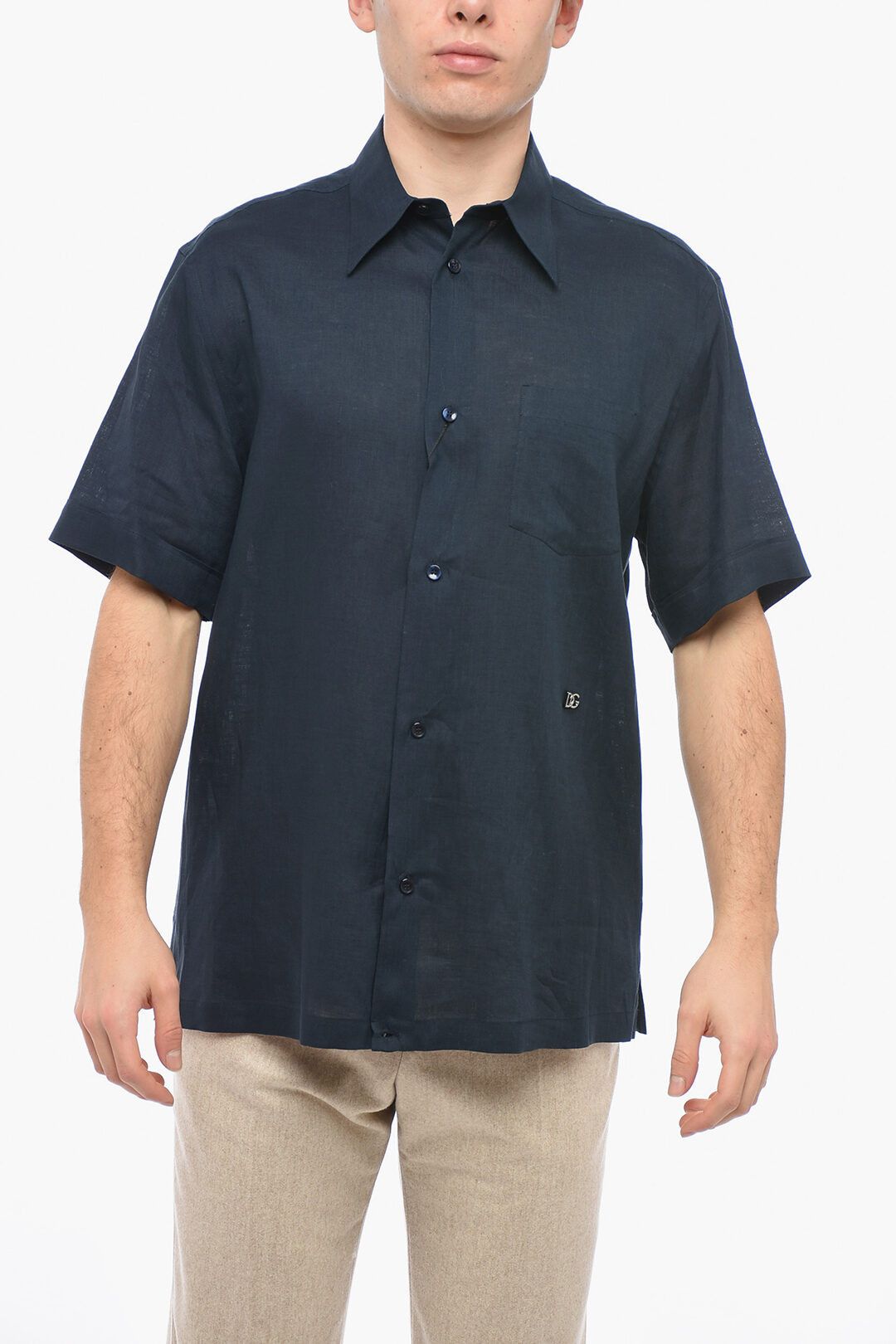 image of Dolce Gabbana Og1Mm0424 Short Sleeved Flax Shirt In Blue, Men's (Size Medium)