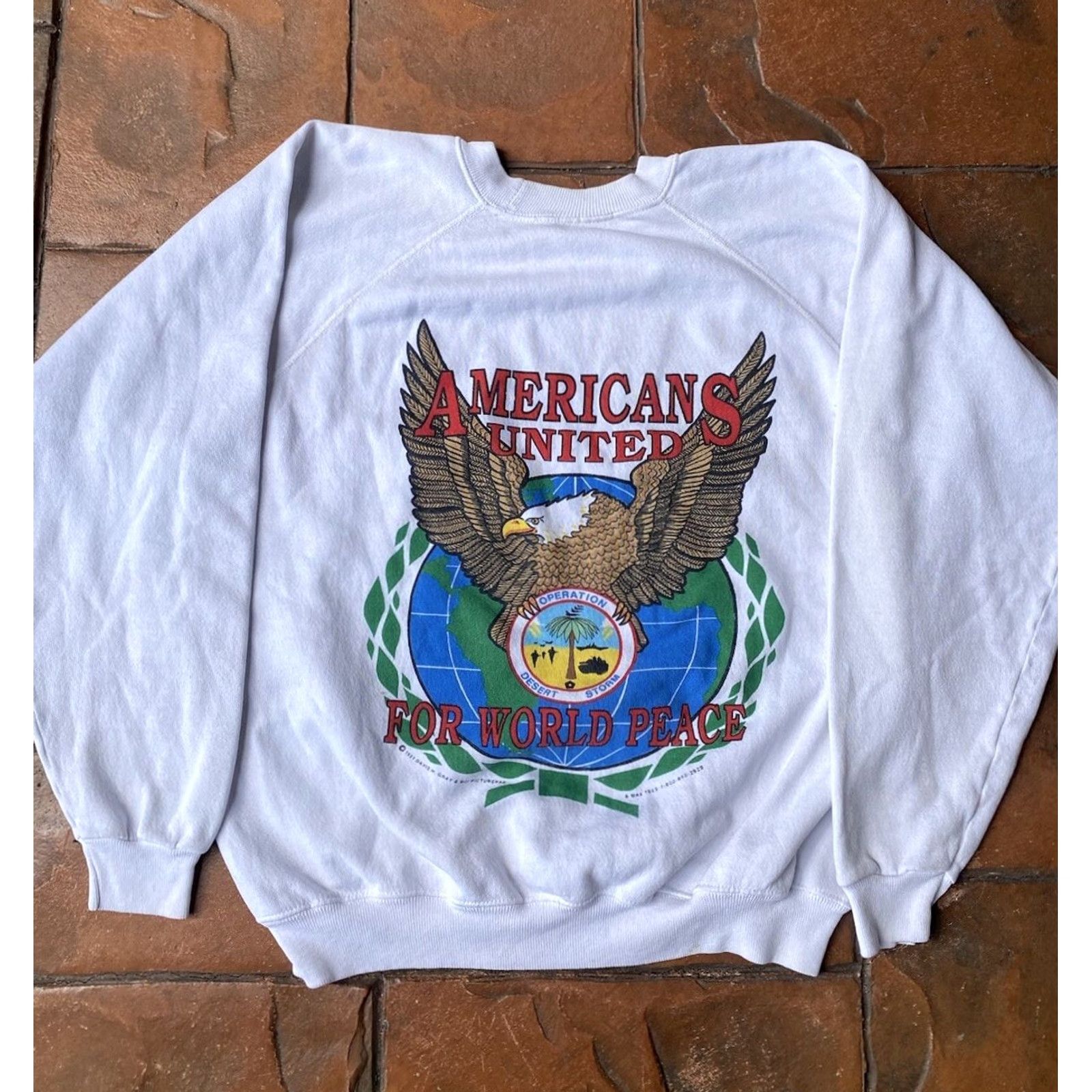 Vintage VINTAGE 90s Operation Desert Storm Crewneck Sweatshirt Eagle World Peace Shirt Mens Medium White Graphic Print Raglan Sweatshirt Size US M / EU 48-50 / 2 - 2 Thumbnail