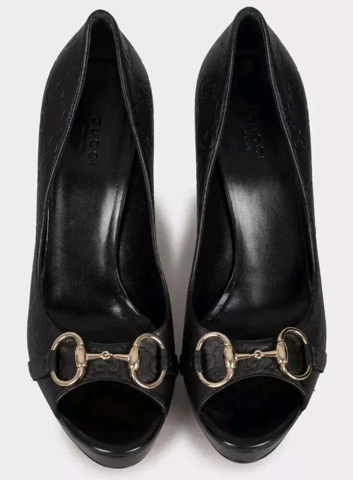 Gucci Guccissima GG monogram black leather horsebit peep toe Size US 9.5 / IT 39.5 - 3 Thumbnail