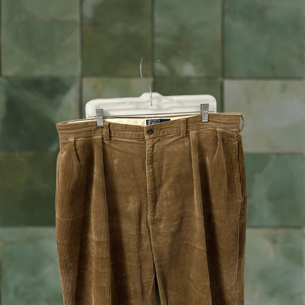 Polo Ralph Lauren VINTAGE Polo Ralph Lauren Andrew Pant Pants 40x32 Tan Corduroy Pleated Wide-Leg Mens 90s Preppy Casual Business Size US L / EU 52-54 / 3 - 1 Thumbnail