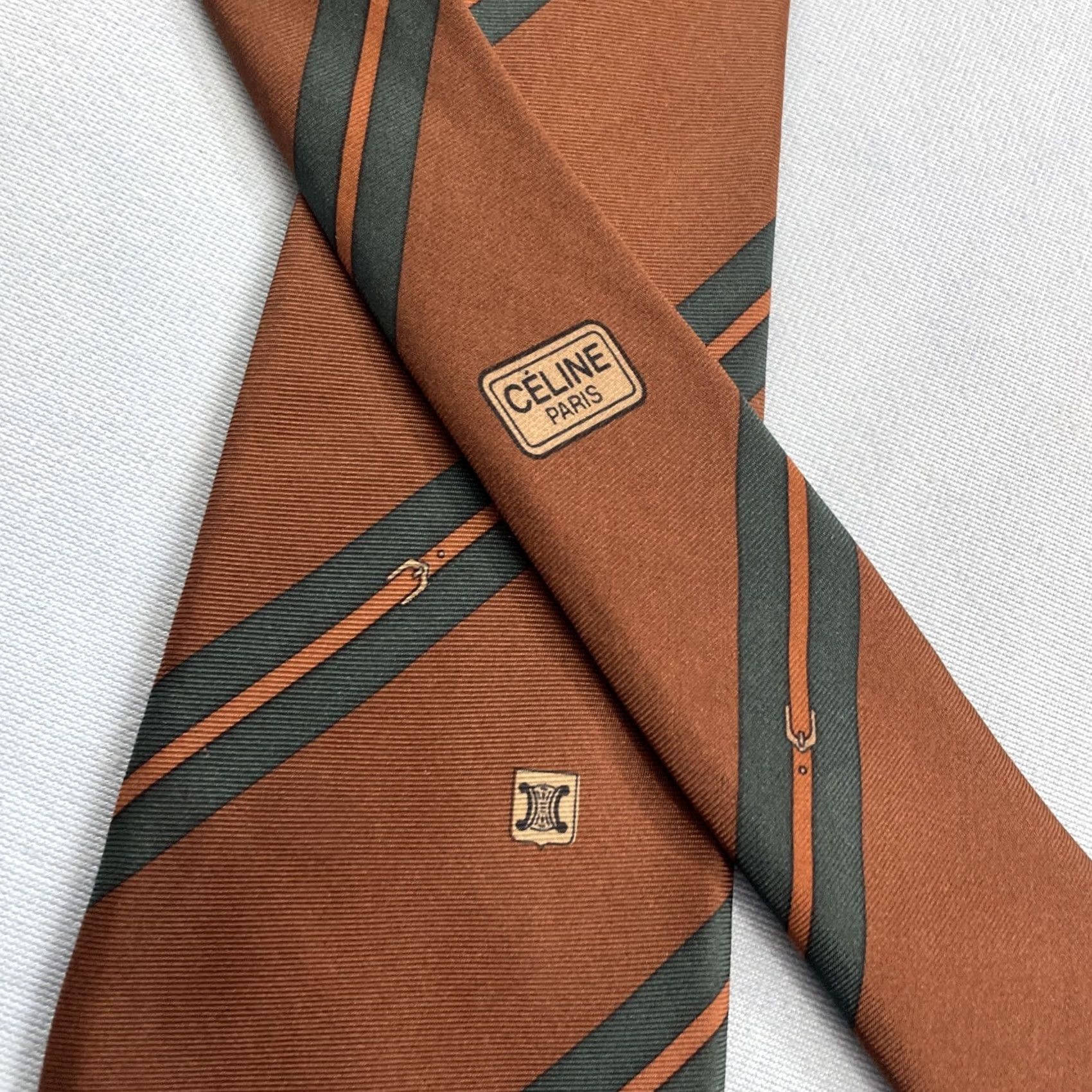 Celine VINTAGE CELINE Paris Silk Tie Equestrian Horse Stripe Monogram Logo Brown 3x62 Capsule Necktie - One Size, Men Size ONE SIZE - 5 Thumbnail