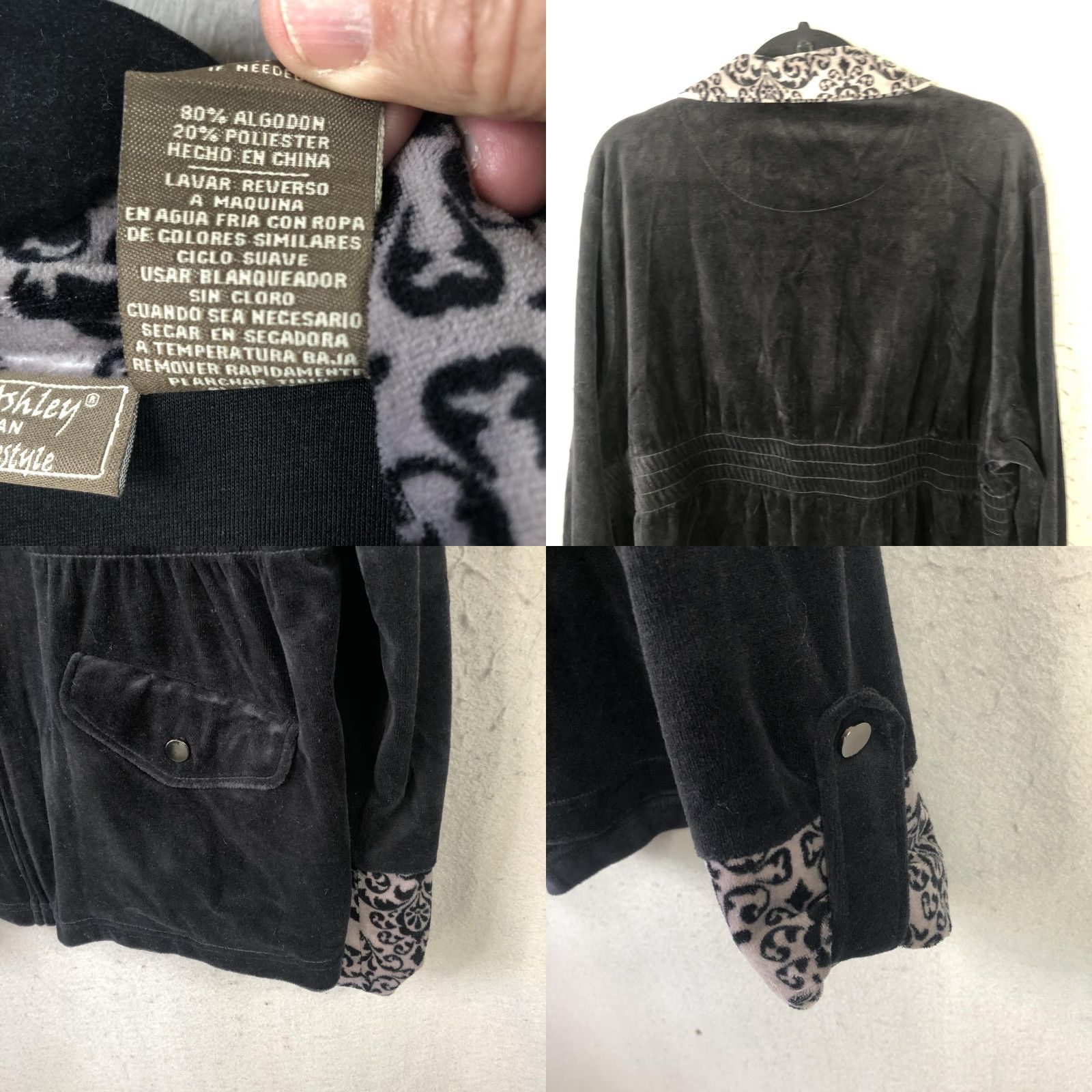 Velour Jane Ashley Jacket Womens 2X Black Velour Zip Up Collared Damask Trim Pockets Size XXL / US 16-18 / IT 52-54 - 8 Thumbnail