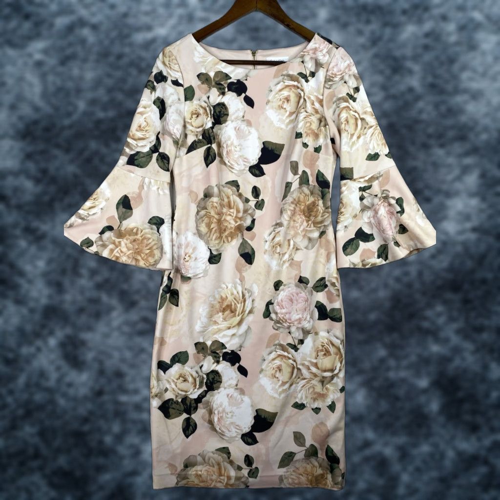 Calvin Klein Calvin Klein Dress 6 Floral Pink Scuba Neoprene Stretch Bell Sleeve Sheath Dress Mid-Length Pink Floral Sleeves 3/4 Women Mens? Size M / US 6-8 / IT 42-44 - 1 Thumbnail