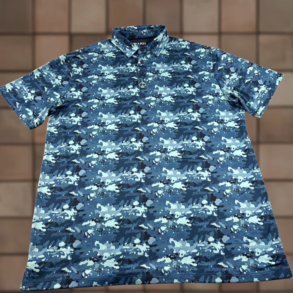 Vintage Aces Pins Polo Shirt Mens 2XL Blue Camo Golf Performance Stretch Shirt Size US XXL / EU 58 / 5 - 1 Thumbnail