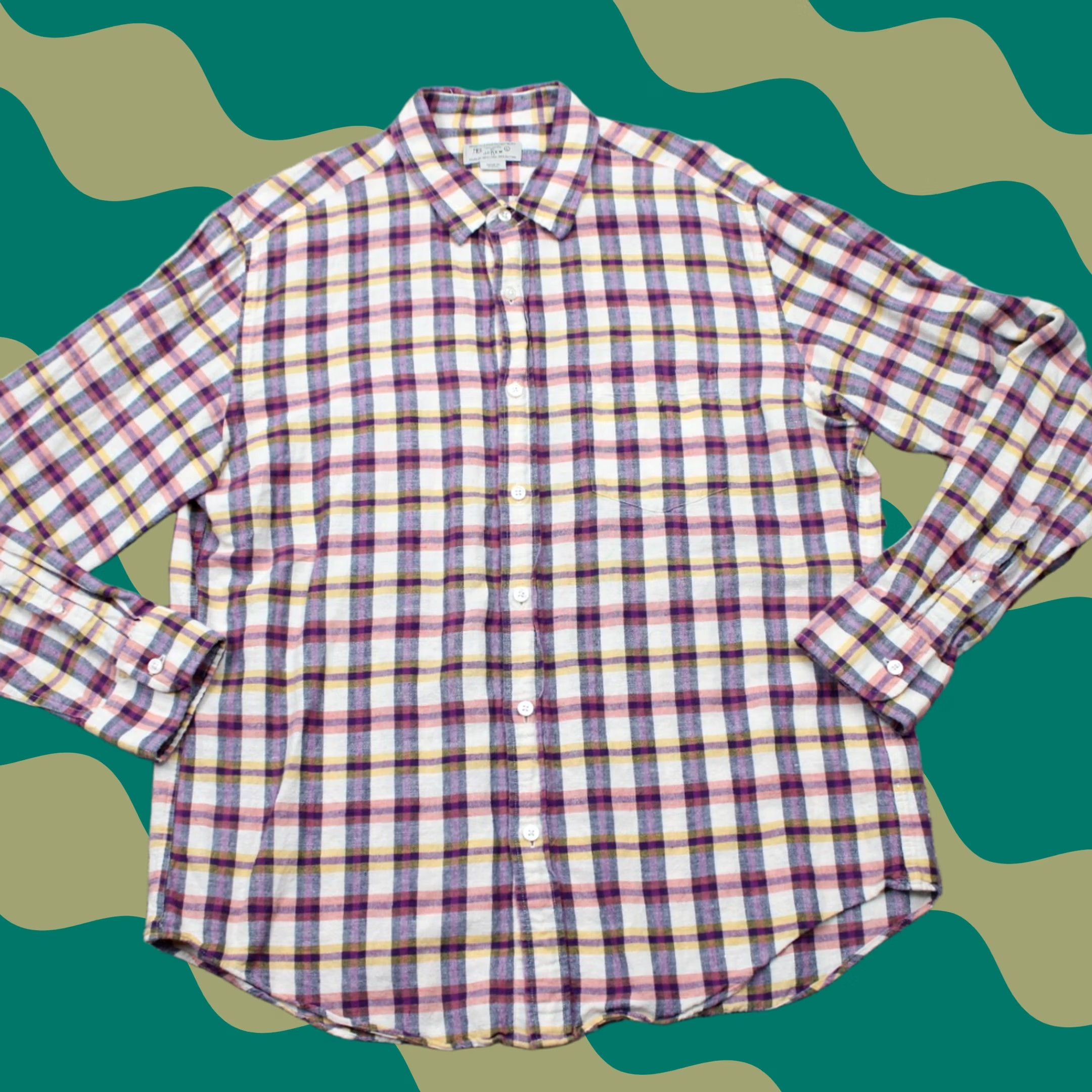 J.Crew J.CREW Button-Up Shirt Mens Large Pink/Purple/Yellow/White Plaid Linen/Cotton Blend L/S Button-Up Shirt Size US L / EU 52-54 / 3 - 1 Thumbnail