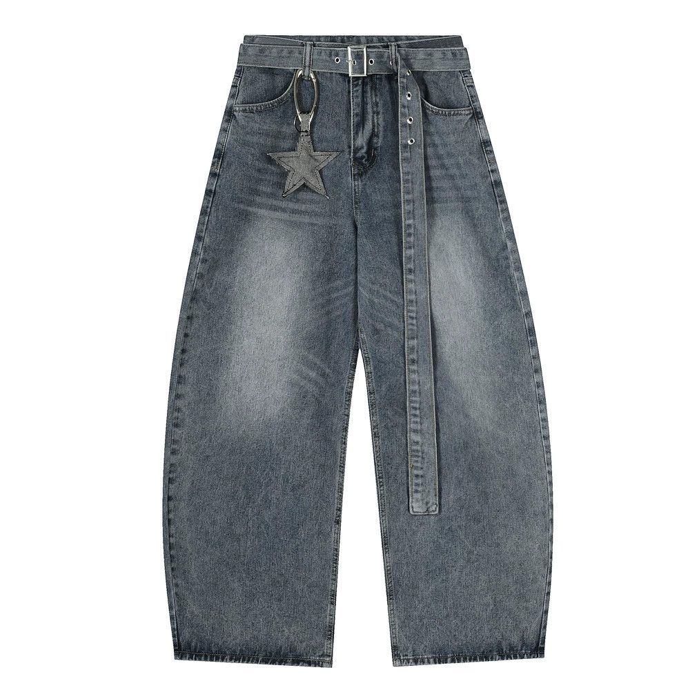 Jean Men's loose washed belt star pendant scimitar jeans Size US 32 / EU 48 - 1 Thumbnail