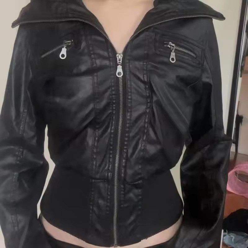 Japanese Brand Y2K Black PU Leather Bomber Jacket - Cropped Tight Fit Size M / US 6-8 / IT 42-44 - 3 Thumbnail