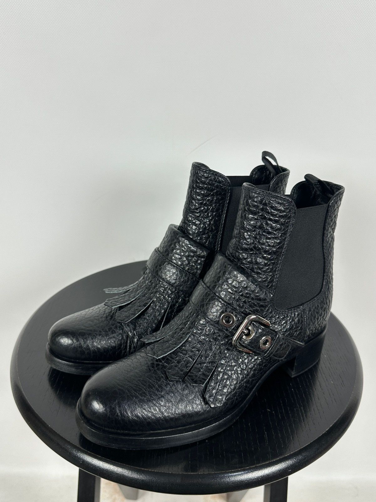 Prada Prada Black Leather Buckle Fringe Chelsea Ankle Boots Size US 6.5 / IT 36.5 - 3 Thumbnail