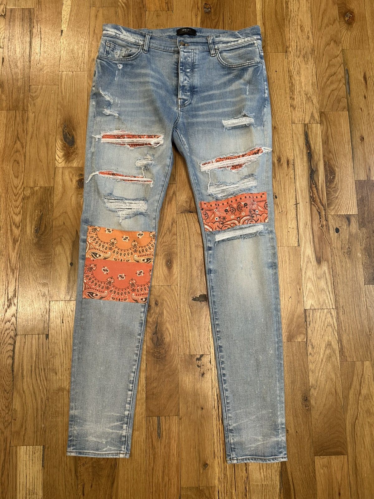 Amiri MX1 Orange Paisley Patches Blue Denim Jeans Size 36