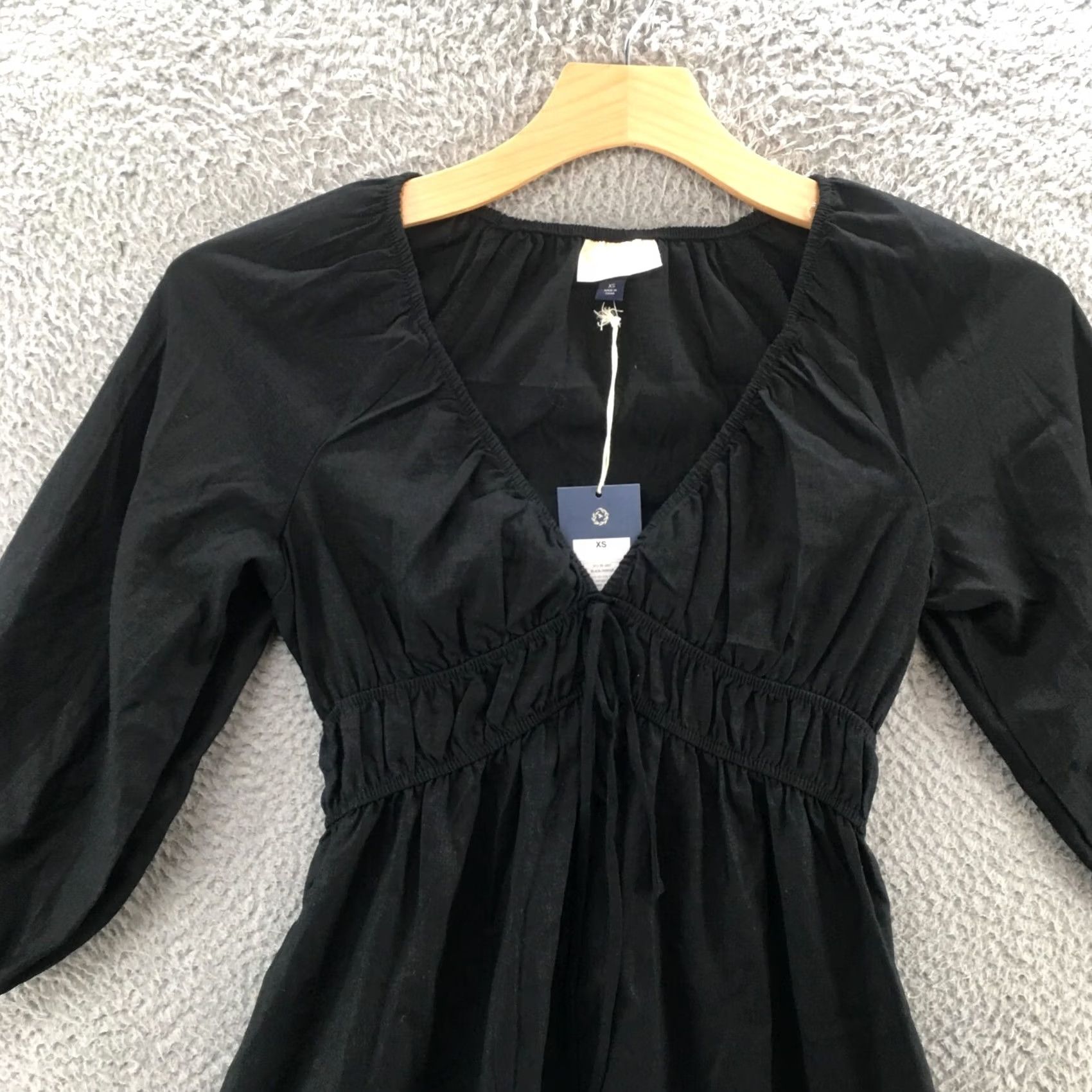 Vintage A New Day Midi Dress Womens XS Black Shirred Poplin Plunge Vneck Long Sleeve NEW Size XS / US 0-2 / IT 36-38 - 3 Thumbnail