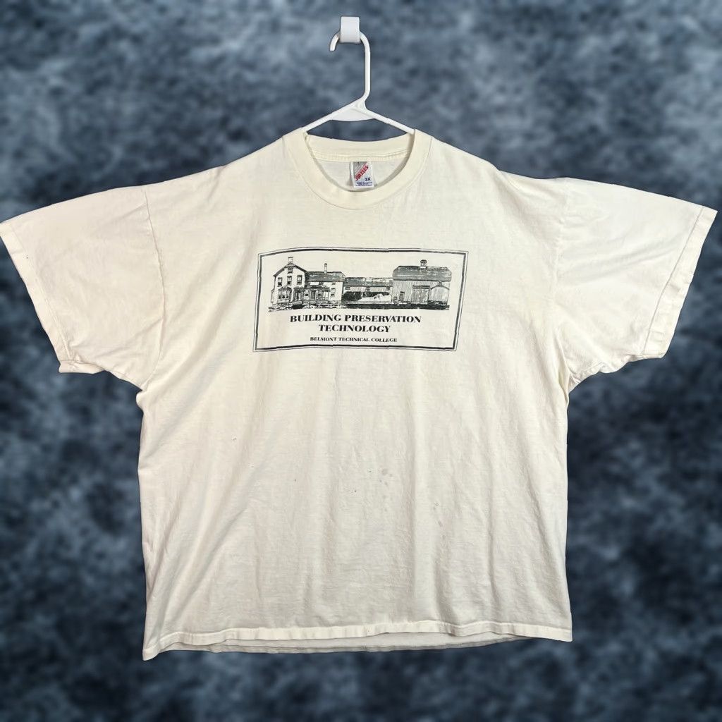 Jerzees VINTAGE 1990s Building Preservation Technology Belmont College T Shirt Men 3XL Cotton Graphic Tee White Size US XXL / EU 58 / 5 - 1 Thumbnail
