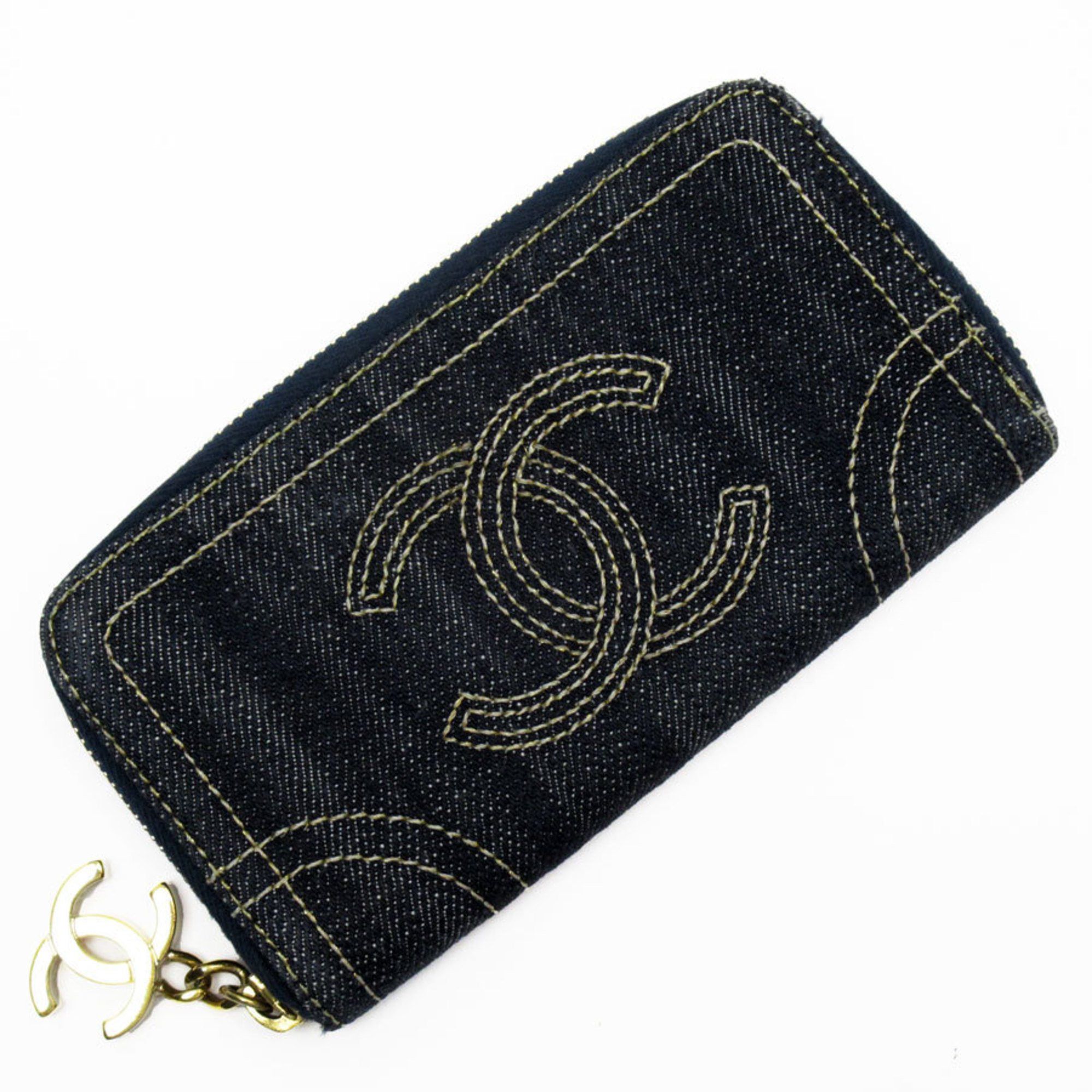 image of Chanel Wallet/coin Case Business Card Case/card Coco Mark Denim Indigo Blue Gold Women's W0339A