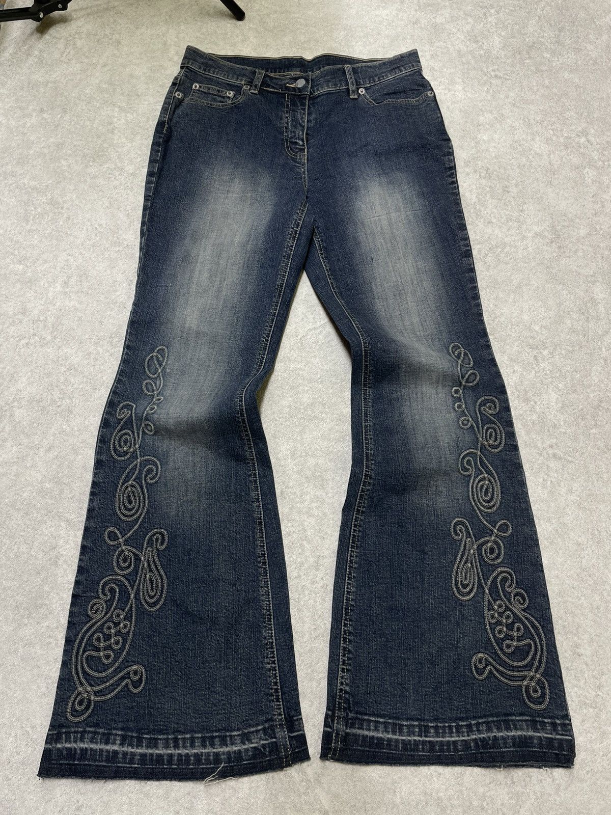 If Six Was Nine × Le Grande Bleu (L.G.B.) × Tornado Mart Skull Y2K Flare Jeans With Ornate Threadwork — Think LGB Size US 32 / EU 48 - 1 Thumbnail