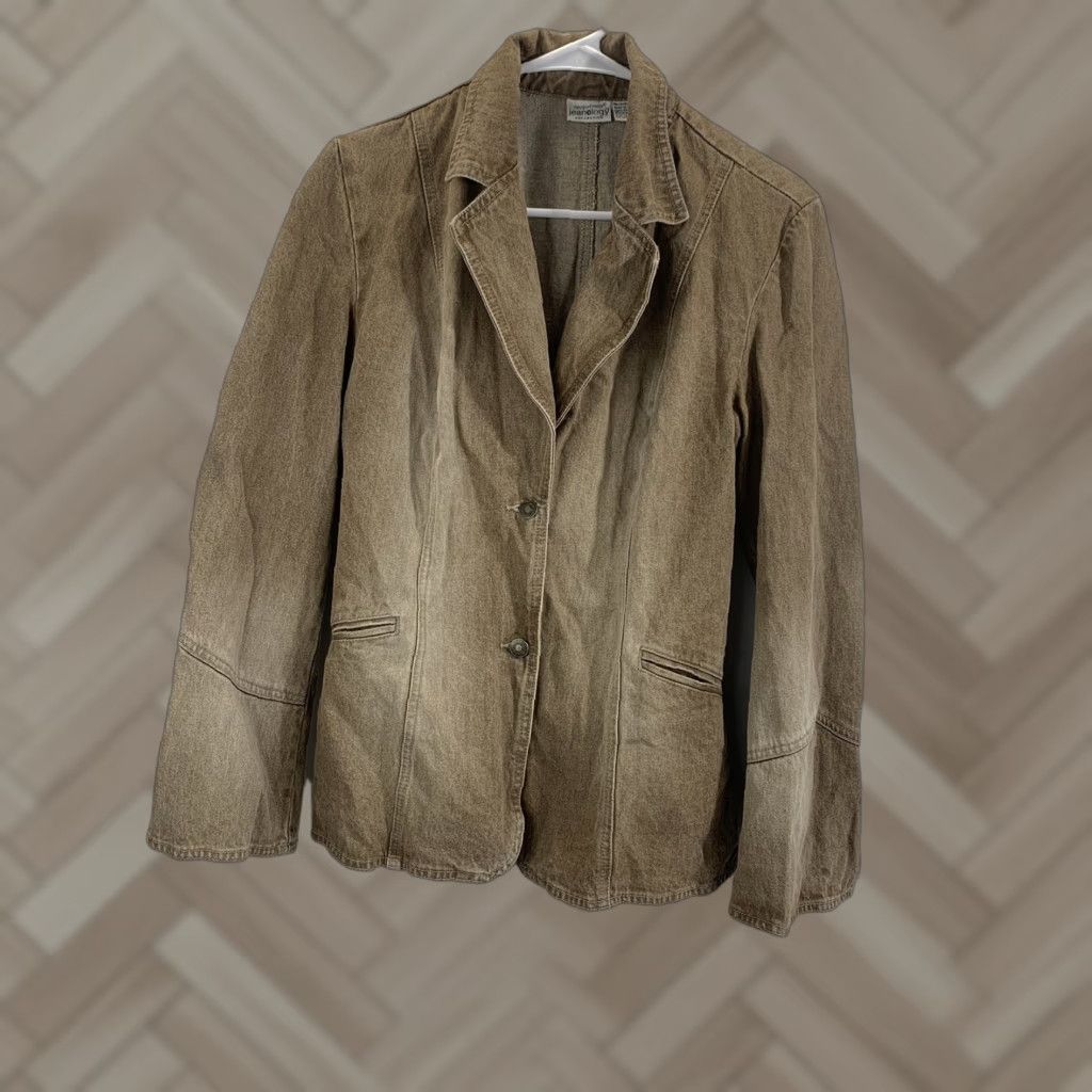 Denime VINTAGE Jeanology Denim Jacket Beige Size 10 Women Jacket Pea Coat Fall Winter Spring Denim Cotton Beige Button Regular Size 32" / US 10 / IT 46 - 1 Thumbnail