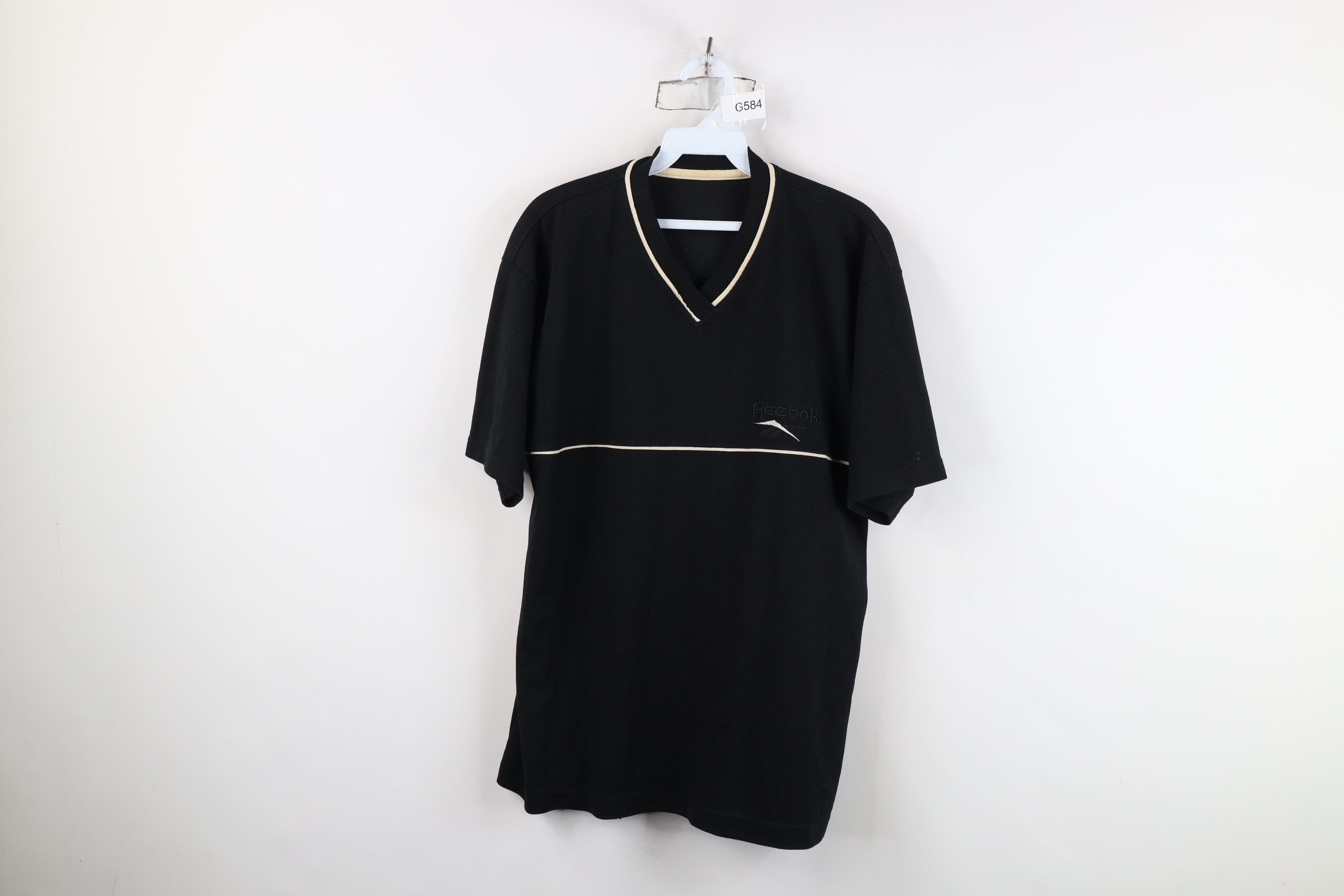 Reebok Vintage 90s Reebok Spell Ribbed Knit V-Neck T-Shirt Black Size US M / EU 48-50 / 2 - 1 Thumbnail