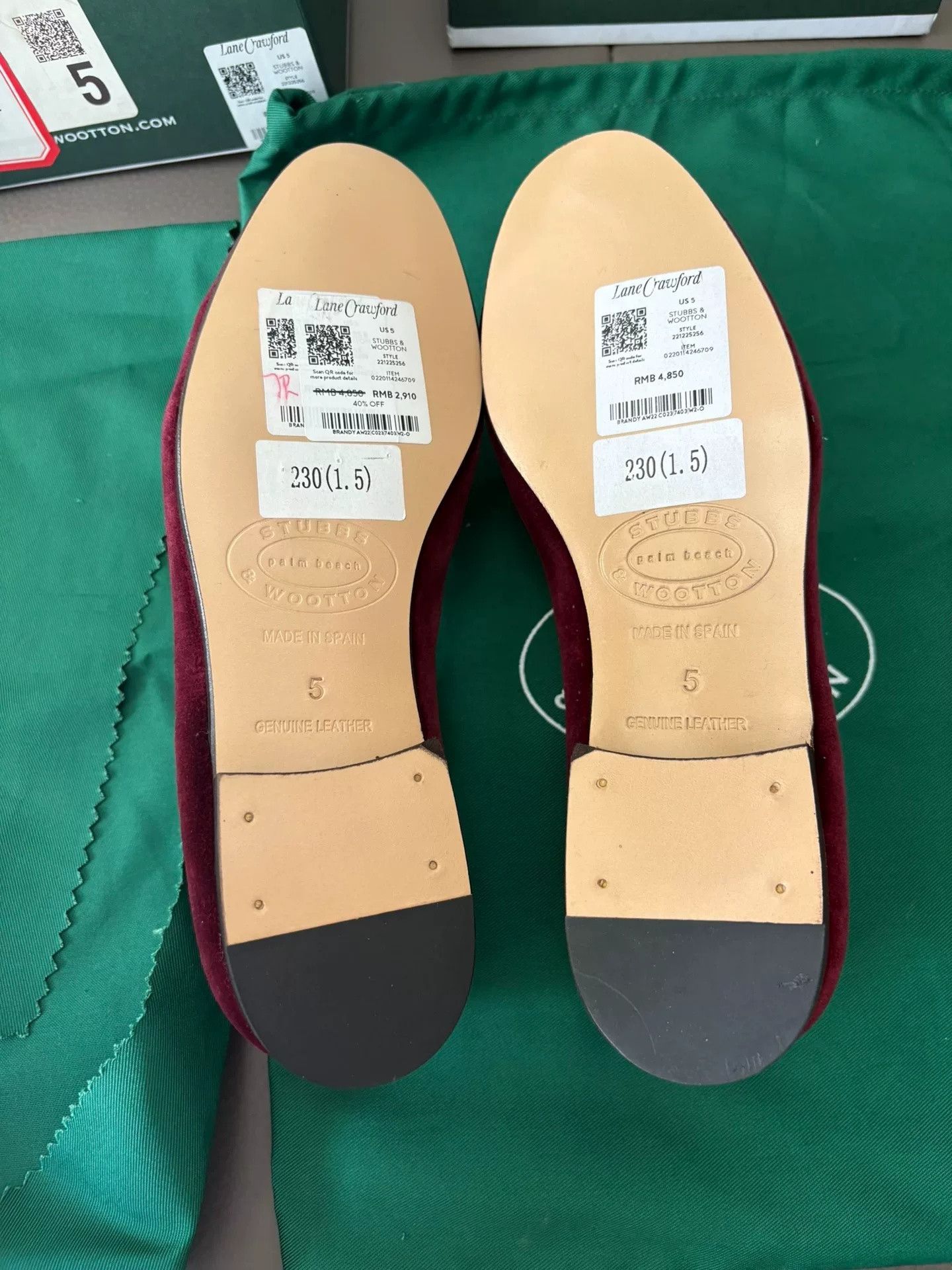 Stubbs & Wootton Wine Red Velvet Loafers, Women's (Size 5) — image 5 of 6