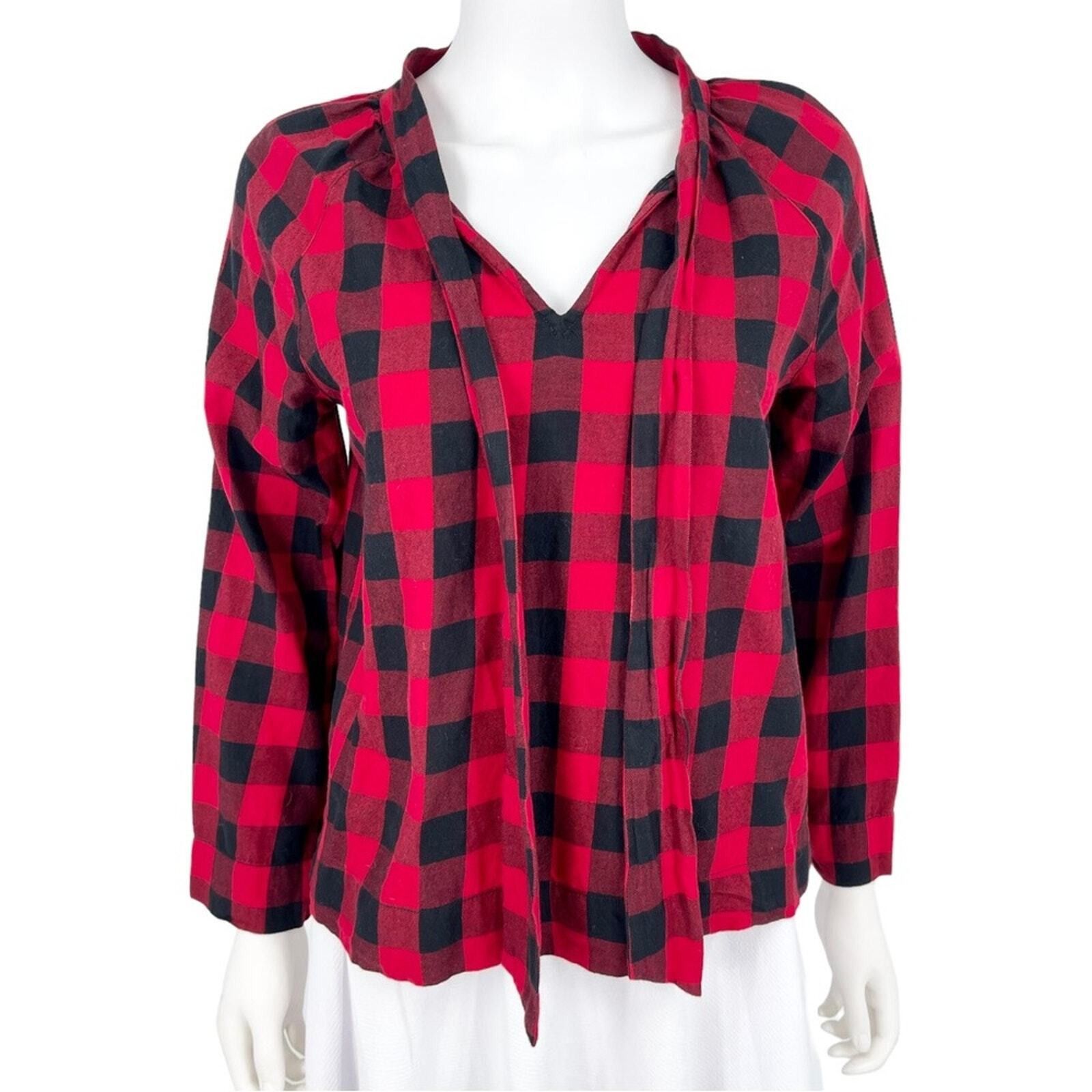 Madewell Madewell XS Buffalo Plaid Flannel Checkered Tie Front V Neck Size XS / US 0-2 / IT 36-38 - 1 Thumbnail