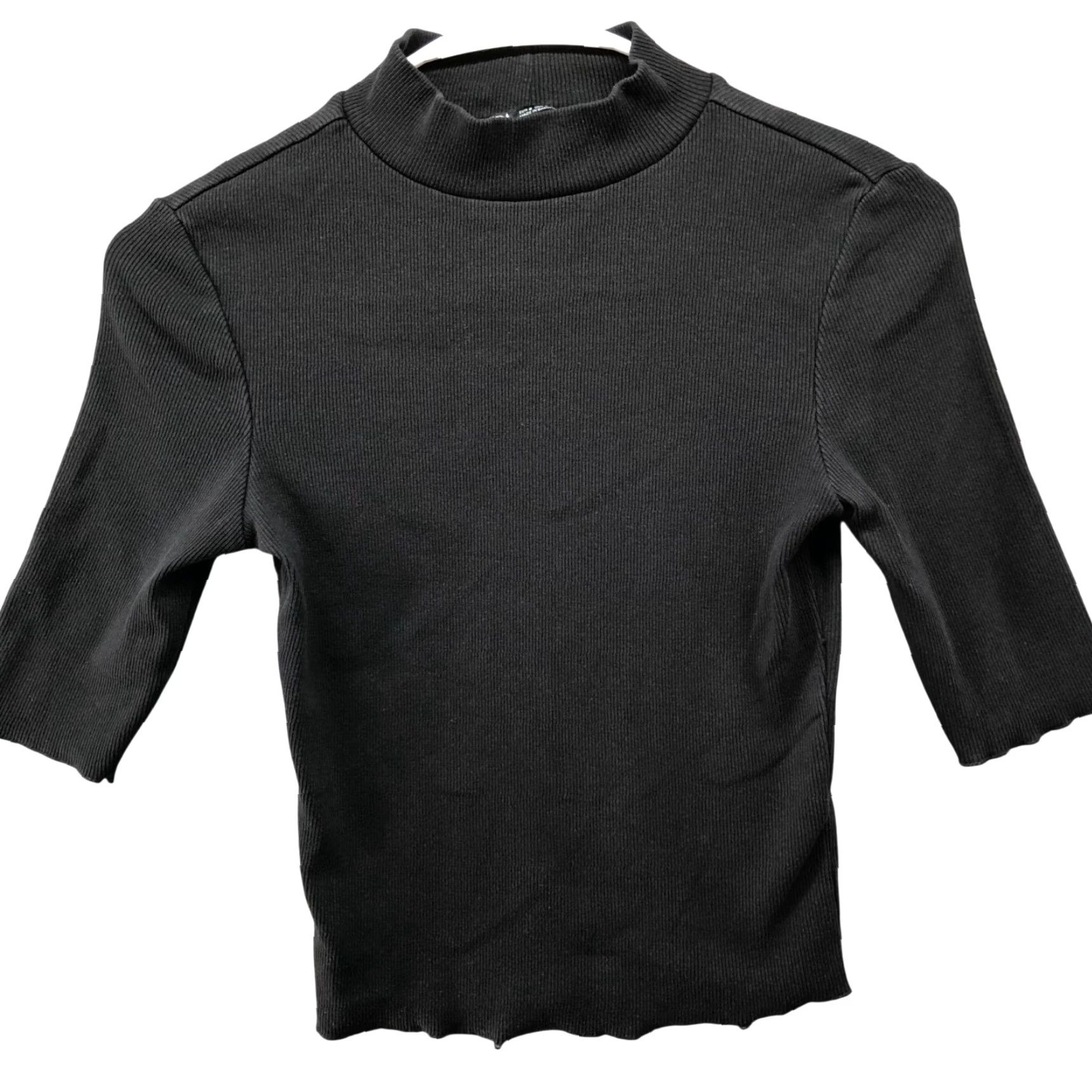 Zara Zara Mock Neck T Shirt Womens S Black Ribbed Cropped Fitted Cotton Blend Knit Short Sleeve Spain Vintage? No. (Remove N/A) Size S / US 4 / IT 40 - 2 Thumbnail