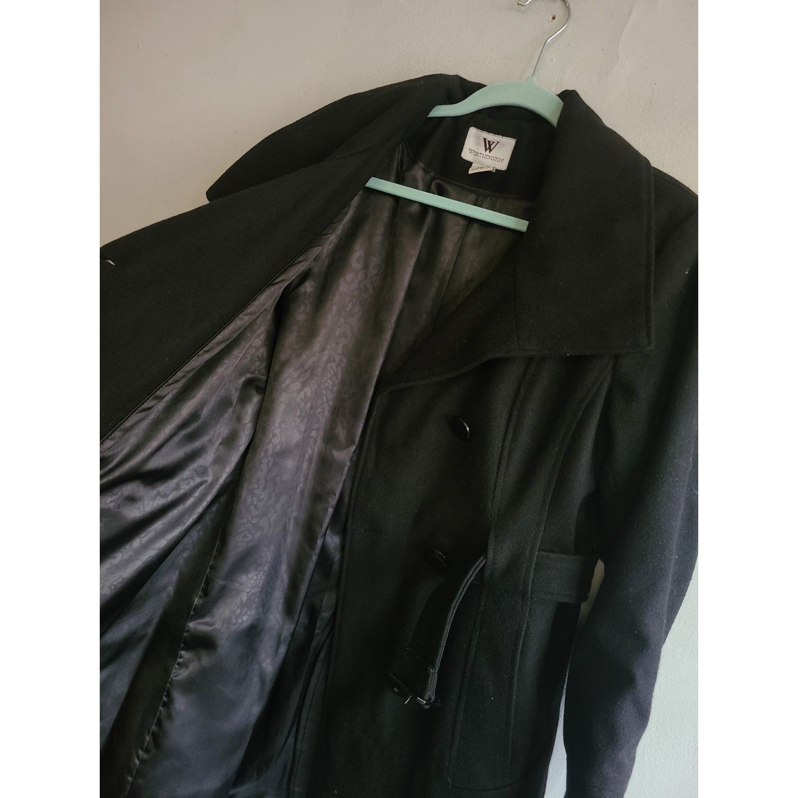 Worthington Women's large wool blend belted pea coat black Size L / US 10 / IT 46 - 4 Thumbnail