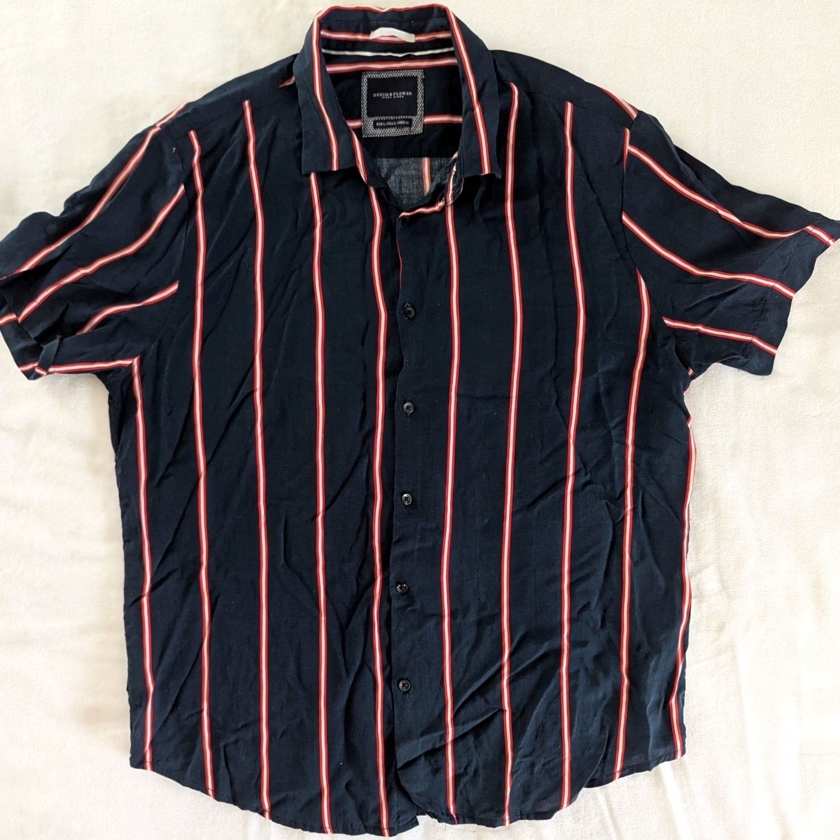 Denime DENIM & FLOWER Ricky Singh Mens Short Sleeve Button-Up Shirt Striped Size L Blue Casual Summer Classic Button-Down Collar-Top Regular Fit Size US L / EU 52-54 / 3 - 2 Thumbnail