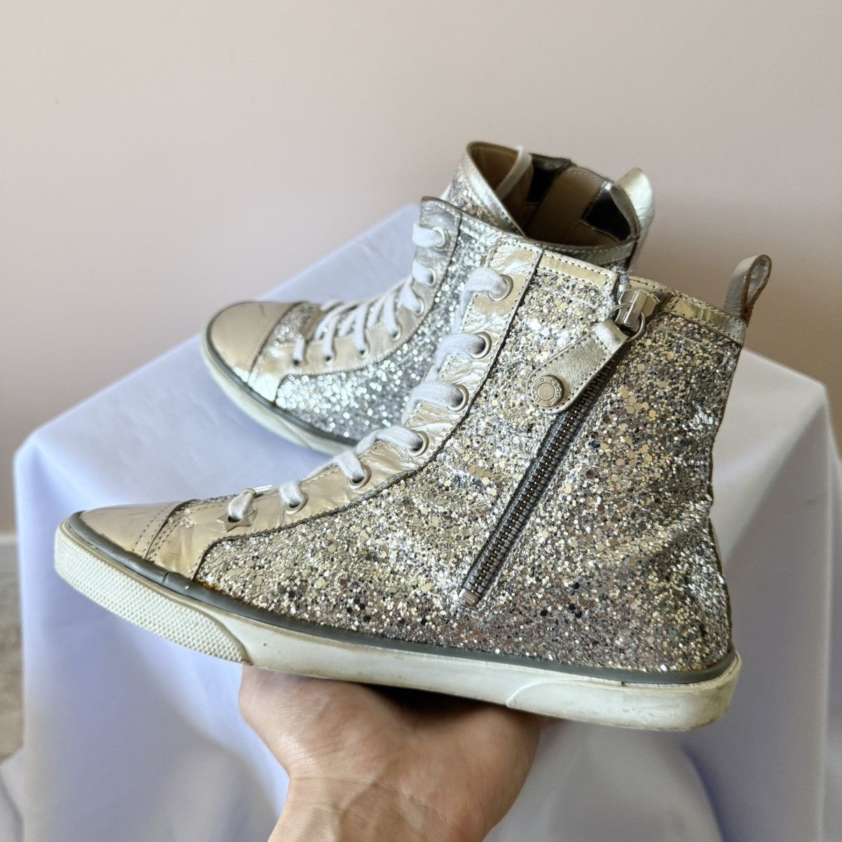 Jimmy Choo Jimmy Choo Silver Glitter High Top Sneakers Shoes Size US 7.5 / IT 37.5 - 6 Thumbnail