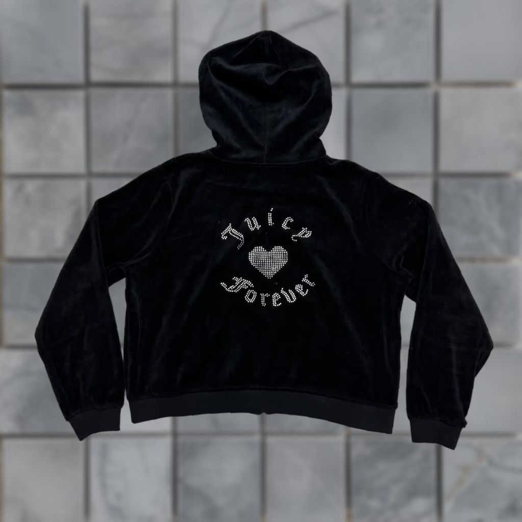 Juicy Couture Juicy Couture Forever 21 Hoodie 0X Women Black Velour Zip Heart Rhinestone Logo Embroidered Pockets Full Zip Hooded Size XL / US 12-14 / IT 48-50 - 1 Thumbnail