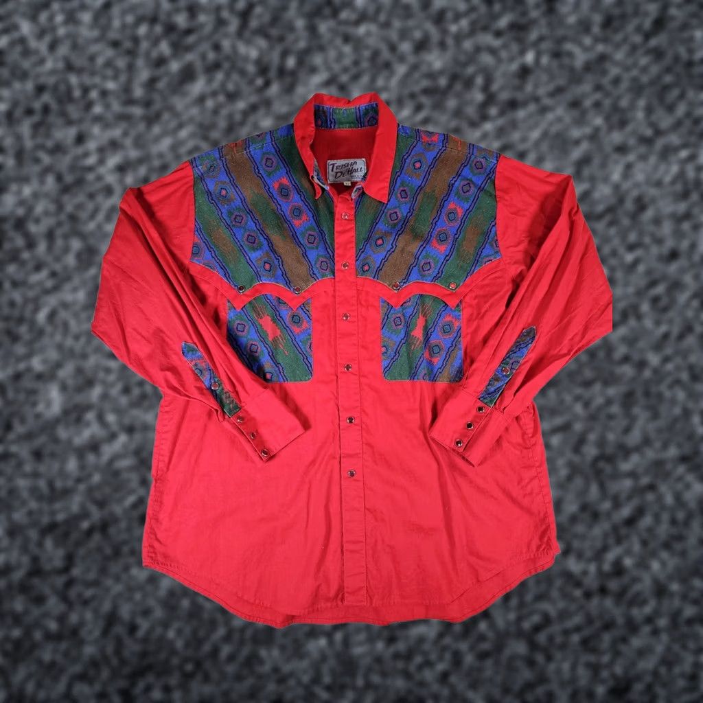 Vintage VINTAGE Trisha DeHall Western Shirt Lg Long Sleeve Rockabilly Cowboy Red Aztec Pearl Snap Mens Size US L / EU 52-54 / 3 - 1 Thumbnail