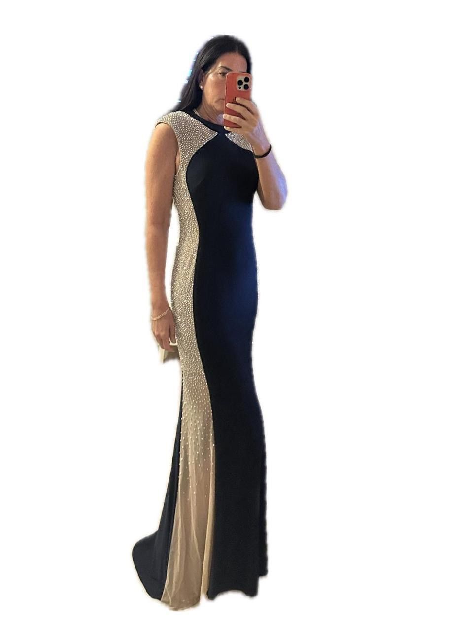 XSCAPE Madison Navy Gown Nude Illusion Beaded Side Dress
