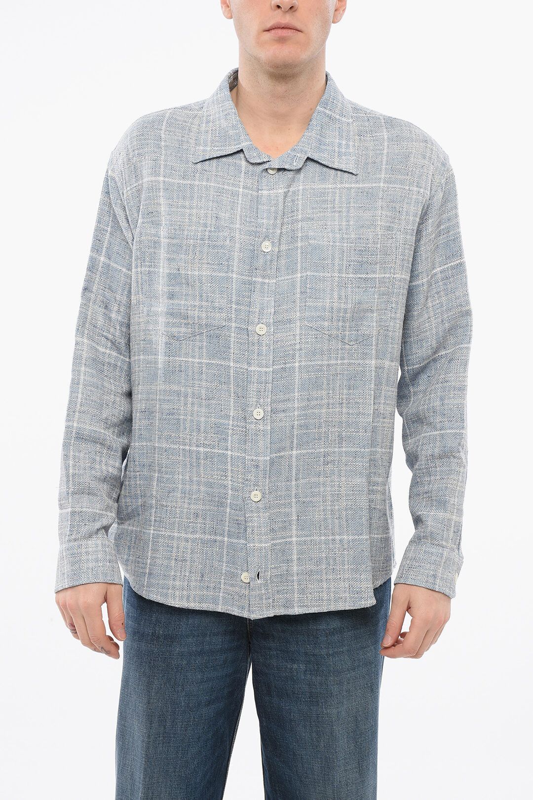 1989 STUDIO og1mm0725 Tweed Printed Logo Shirt in Light Blue Size US M / EU 48-50 / 2 - 1 Thumbnail