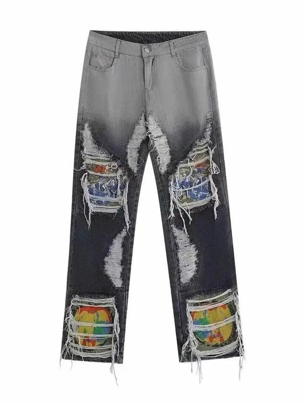 Jean Embroidered Loose Straight Leg Ripped Jeans Size US 35 - 4 Thumbnail