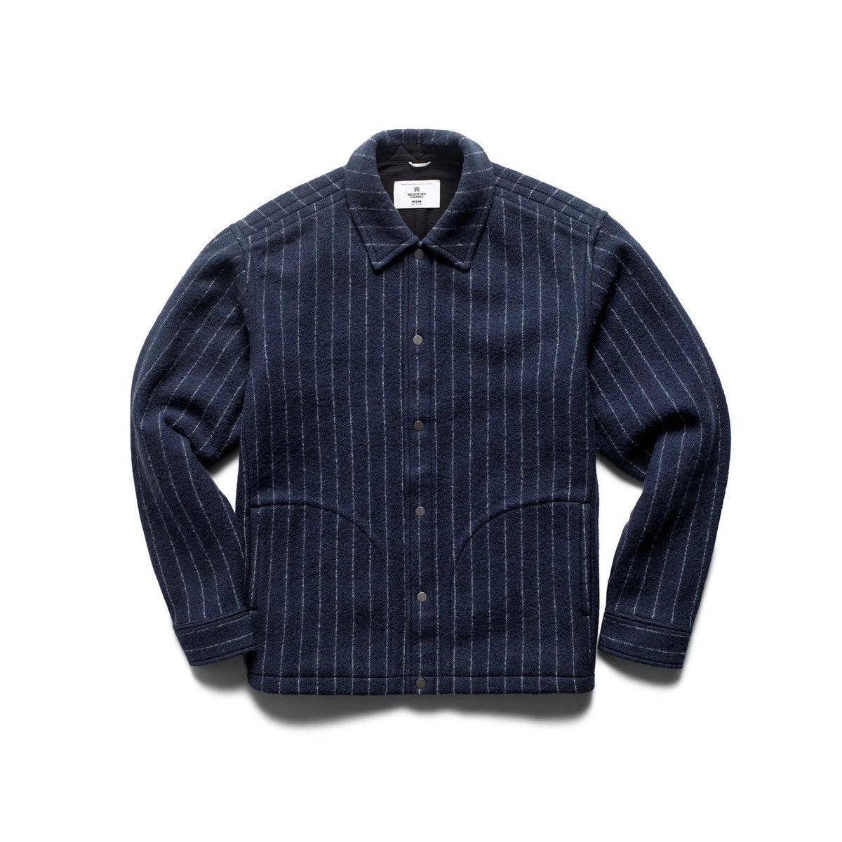 image of Reigning Champ Merino Wool Pinstrip Scout Over Shirt in Navy, Men's (Size Large)