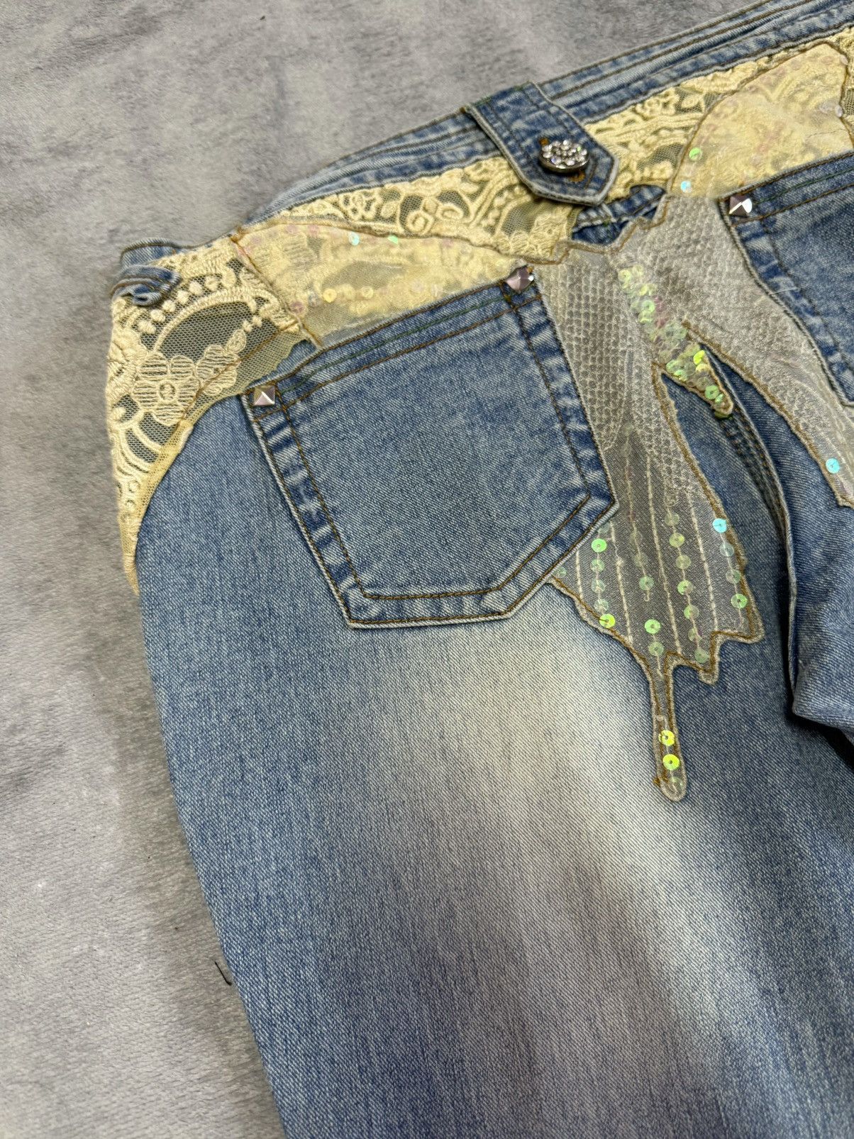 Japanese Brand × Vintage Embellished Butterfly Studded Rhinestone Flared Jeans Size 29" - 6 Thumbnail
