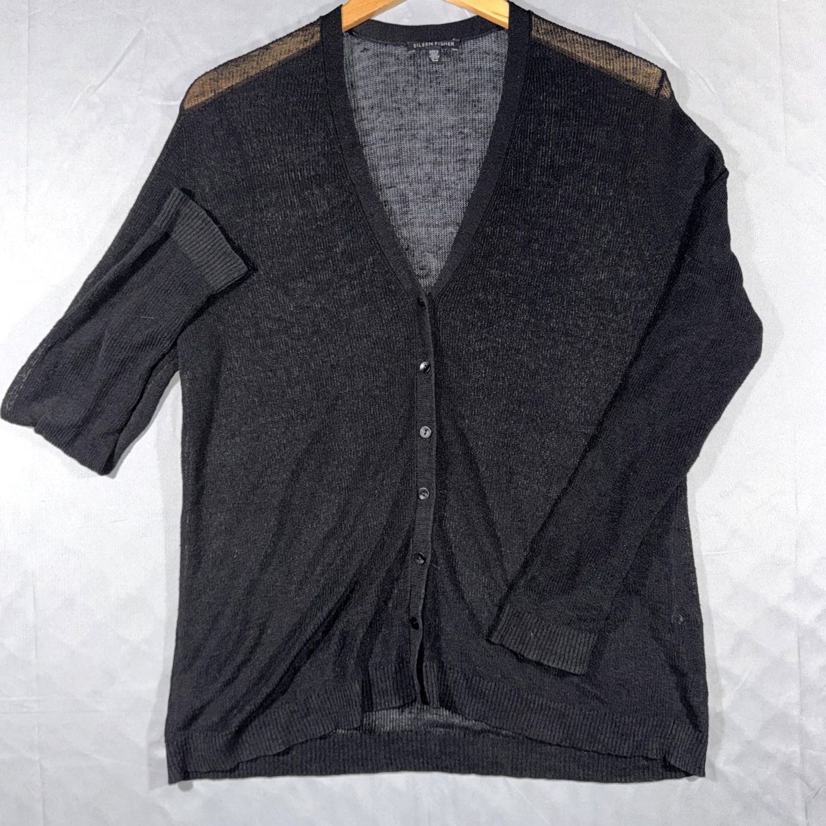 Eileen Fisher Eileen Fisher Cardigan Womens Large Gray Sheer Knit V Neck Button Long Sleeve Lightweight Knit Size L / US 10 / IT 46 - 2 Thumbnail