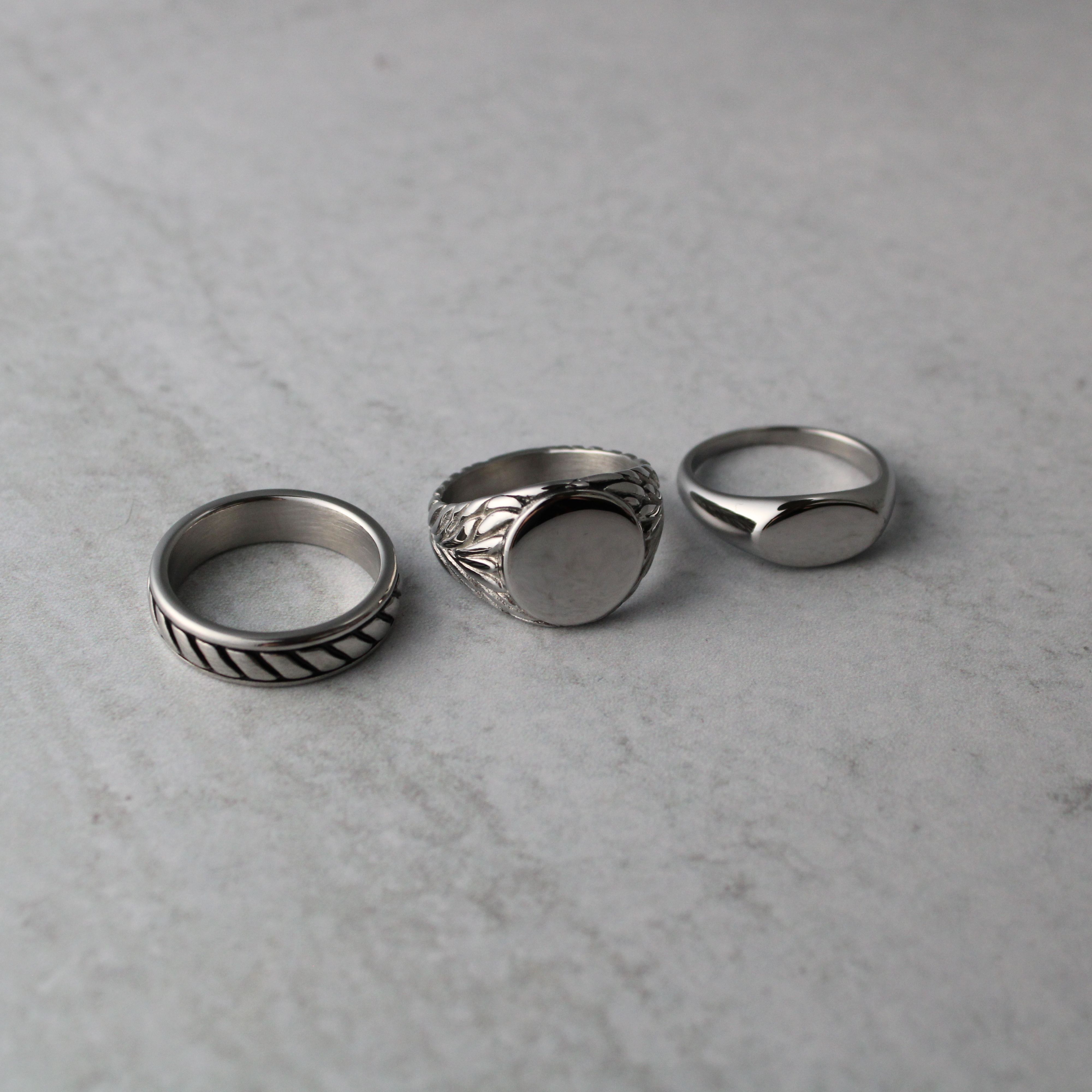 Jewelry Silver Rings Set - Rope Band, Wreath Signet, Oval Signet Size ONE SIZE - 2 Thumbnail