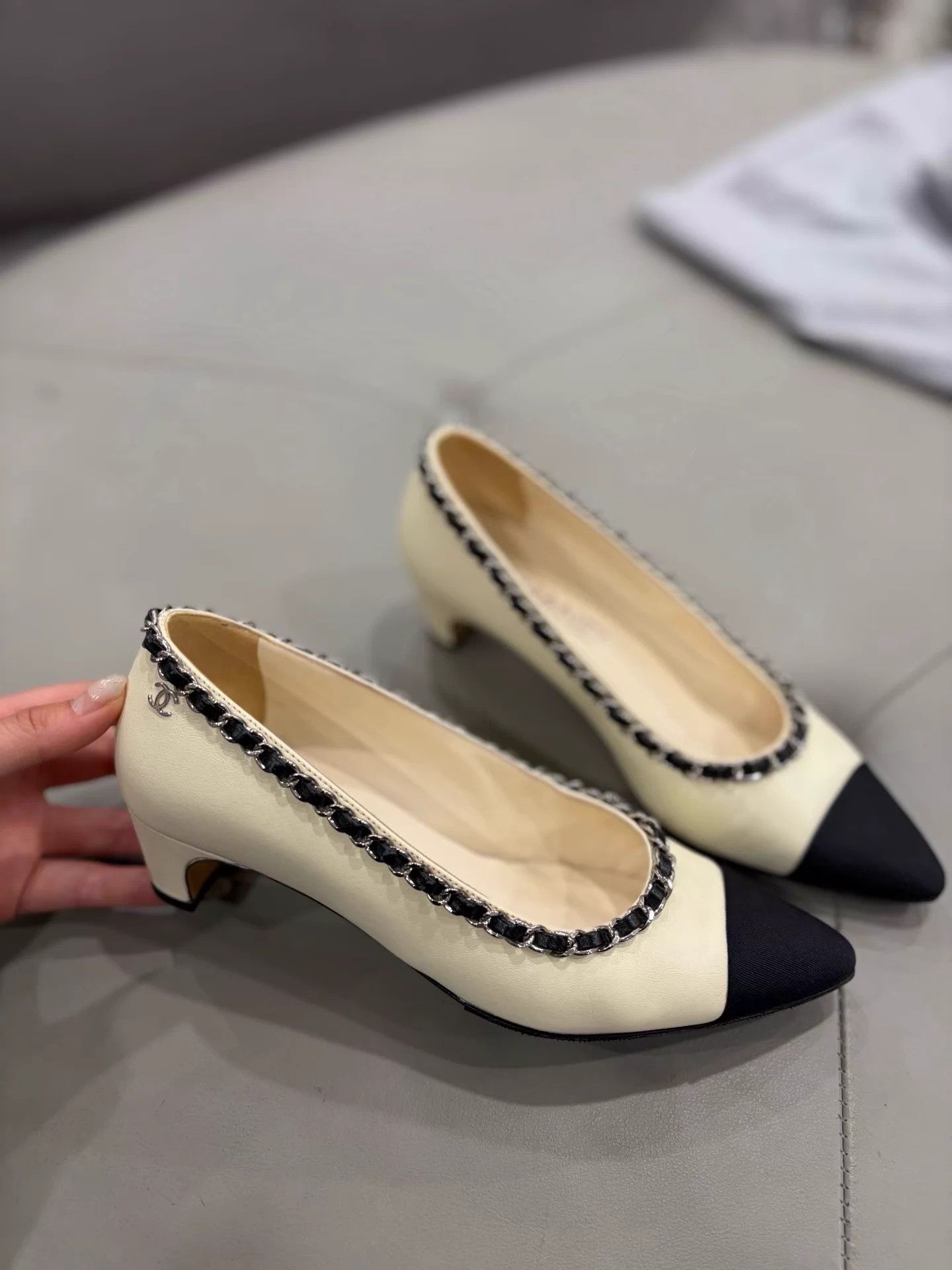 Chanel Chanel women's Panda Leather Chain Block Heel 99 New 35C Size US 4.5 / IT 34.5 - 3 Thumbnail
