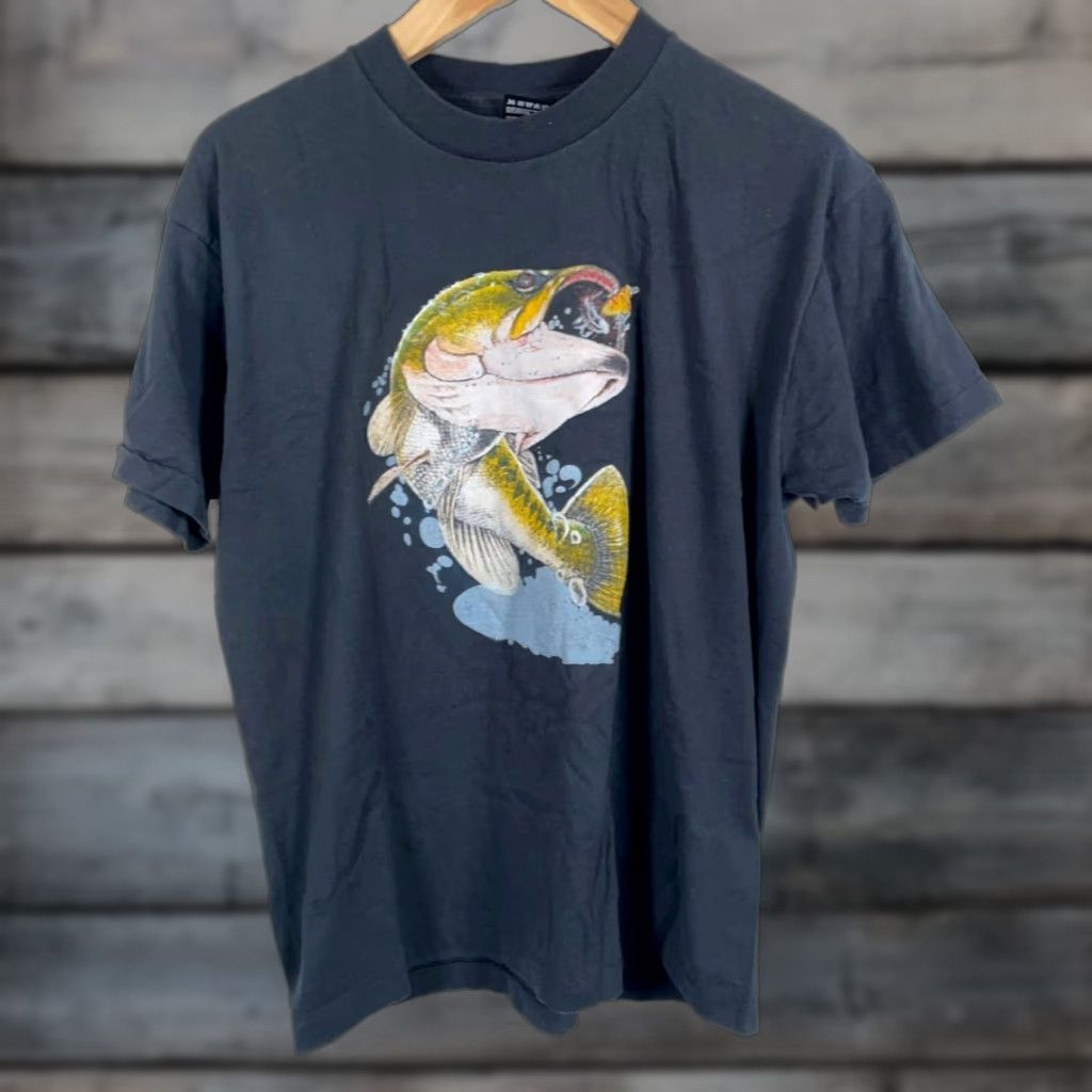 Fruit Of The Loom VINTAGE 90s Bass Fishing T-Shirt Fruit of the Loom Black XL Men Short Sleeve Crew Neck 50/50 Single Stitch Graphic Print Adult Large Size US L / EU 52-54 / 3 - 1 Thumbnail