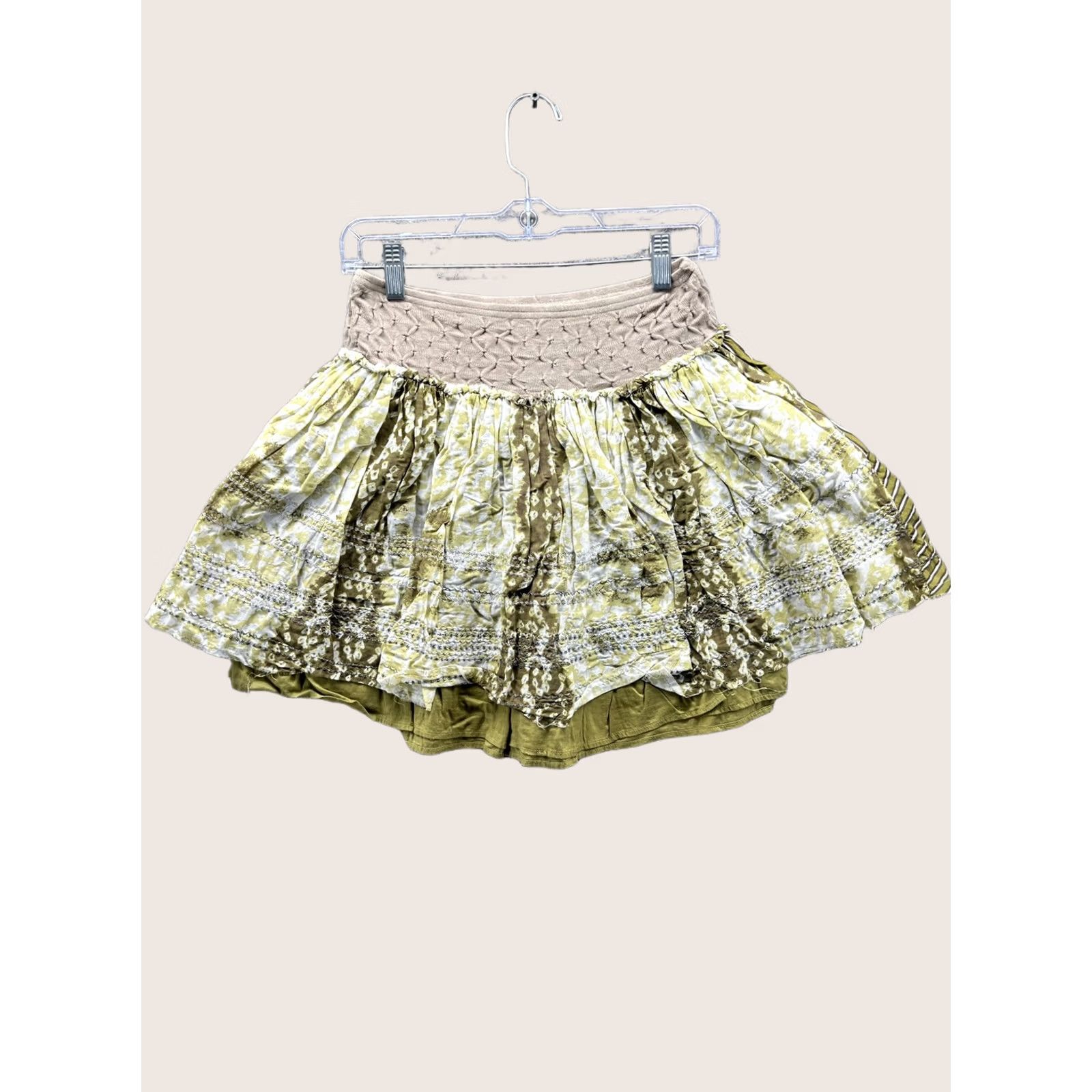 Free People VINTAGE Free People Skirt Womens 2 Green Geometric Peasant Layered Ruffle Mini Boho Size 26" / US 2 / IT 38 - 1 Thumbnail