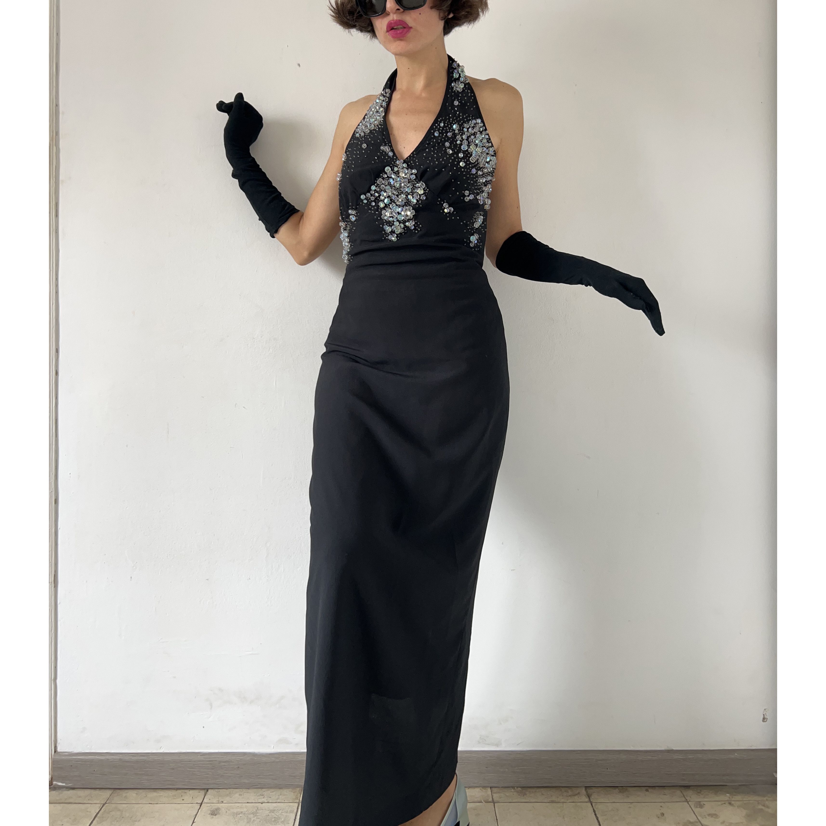 Vintage Vintage 90s Black Beaded Halter Gown Size M / US 6-8 / IT 42-44 - 3 Thumbnail
